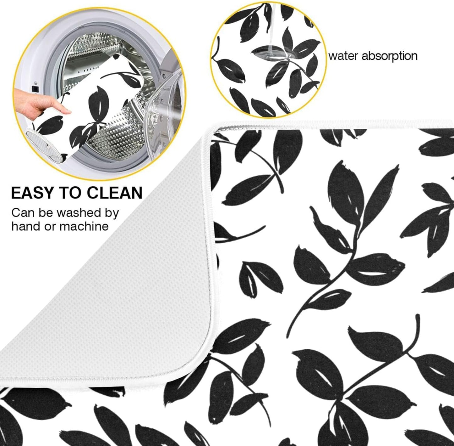 Eucalyptus Leaves Dish Drying Mat for Kitchen Countertop 16x18 Black White Floral Leaf Small Drying Mat Reusable Quick Dry Dish Sink Absorbent Mats Dishwasher Easy Clean Decorative Home Essentials
