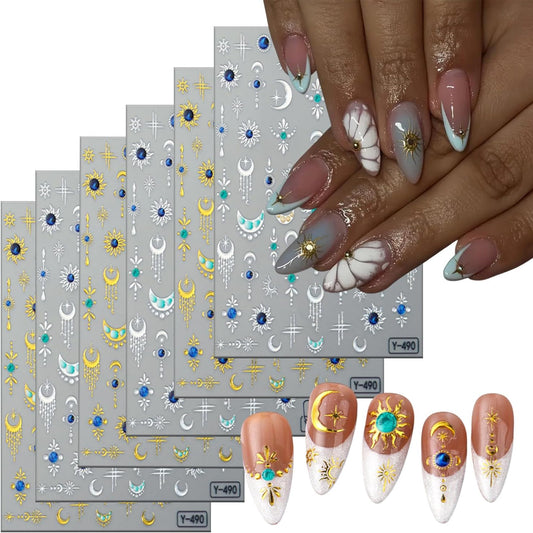 6 Sheets Hot Stamping Gold & Silver Star Nail Art Stickers 3D Self -Adhesive Moon Stars Nail Decals Holographic Pendant Vintage Moon Nail Stickers Unique Nail Decoration for Women Manicure Supplies