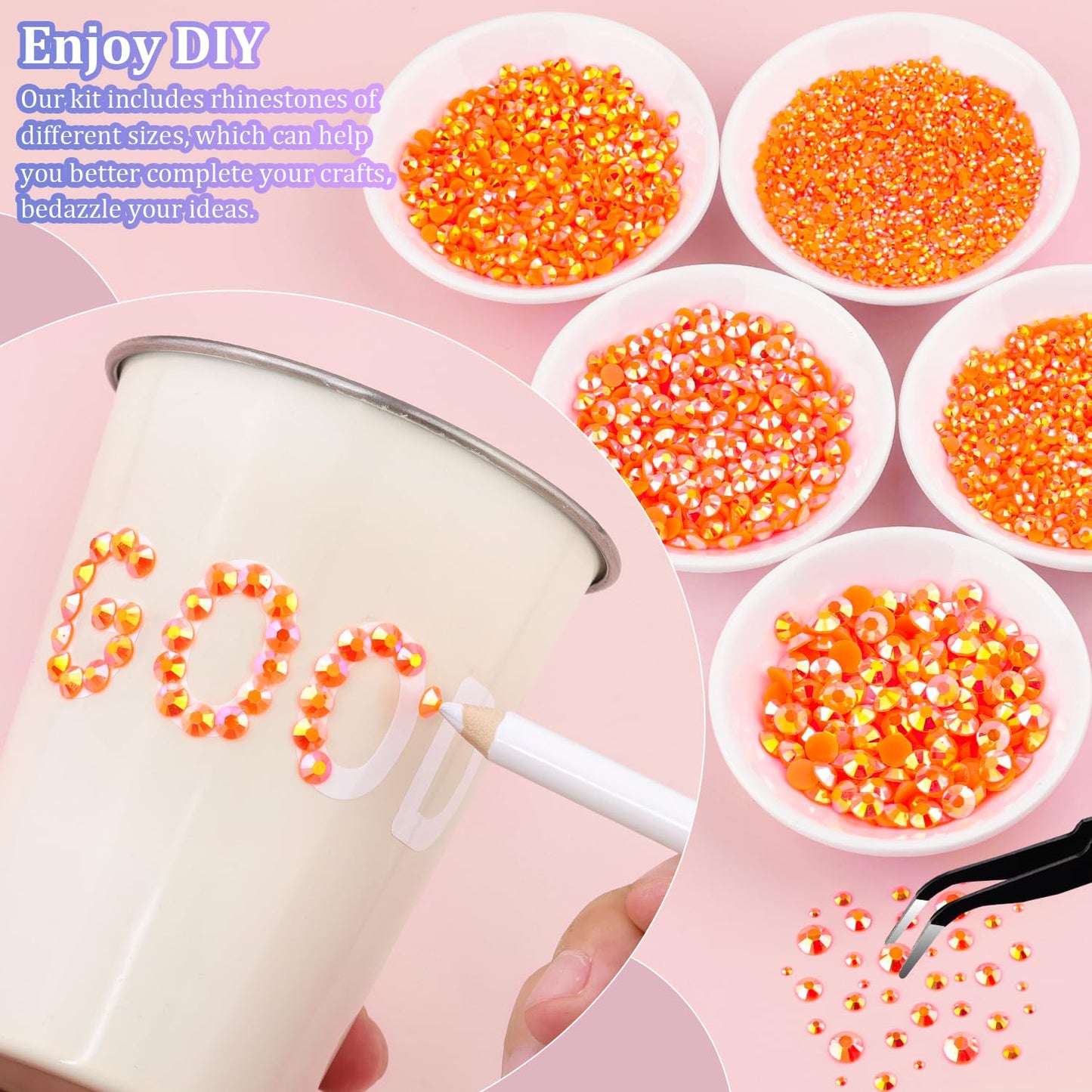 25000Pcs Resin Rhinestones with Tweezers for Crafting, Orange AB 2-6mm Mixed Sizes Bedazzling Crystal with 3Pcs 10ml B7000 Jewelry Glue for DIY Crafts Clothing Tumblers Shoes Fabric Nail Art