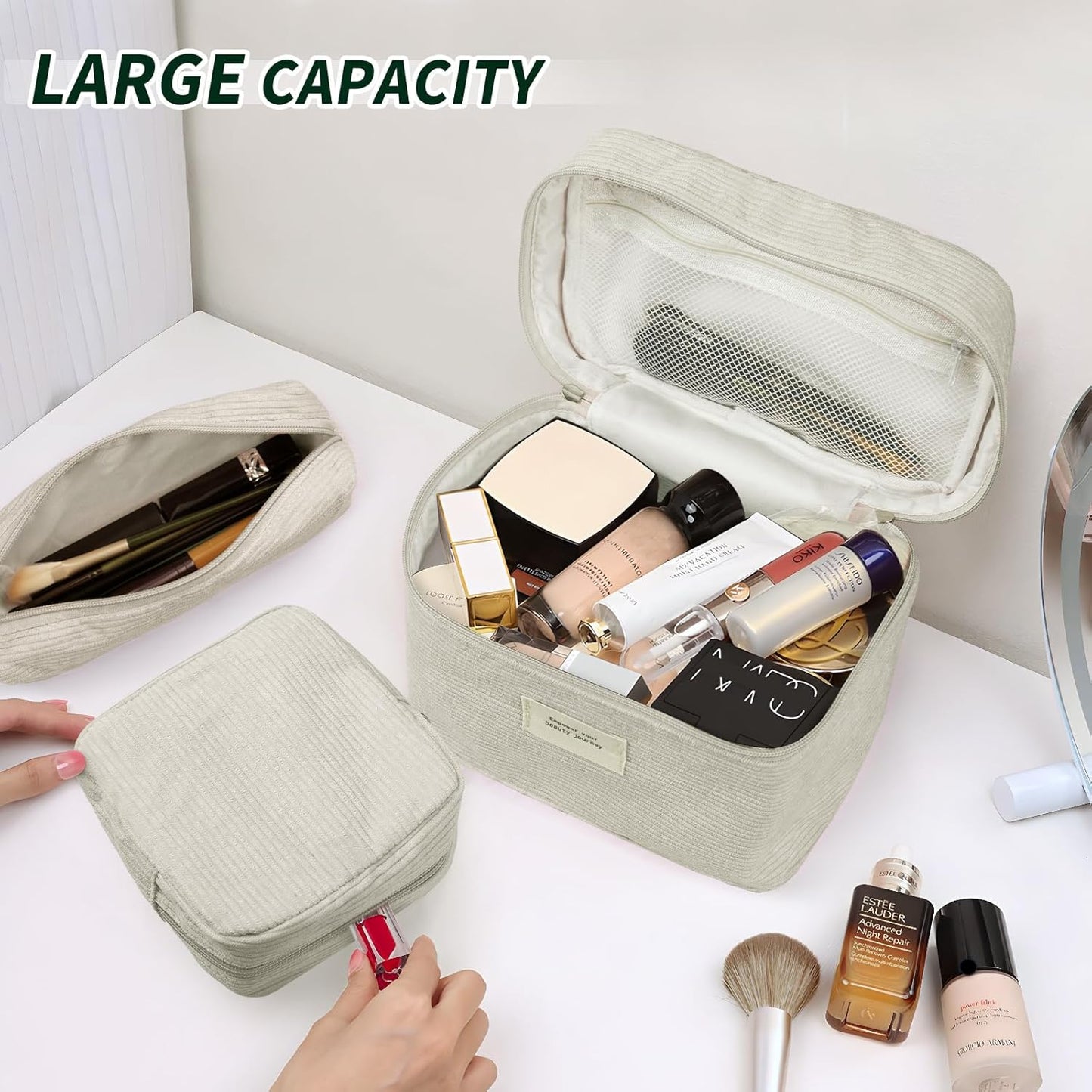 4 Pcs Makeup Bag for Women Corduroy Cosmetic Bag Aesthetic Cute Bags Multi Size Purse Pouch Travel Toiletry Bag Set Makeup Organizer with Zipper(Beige)