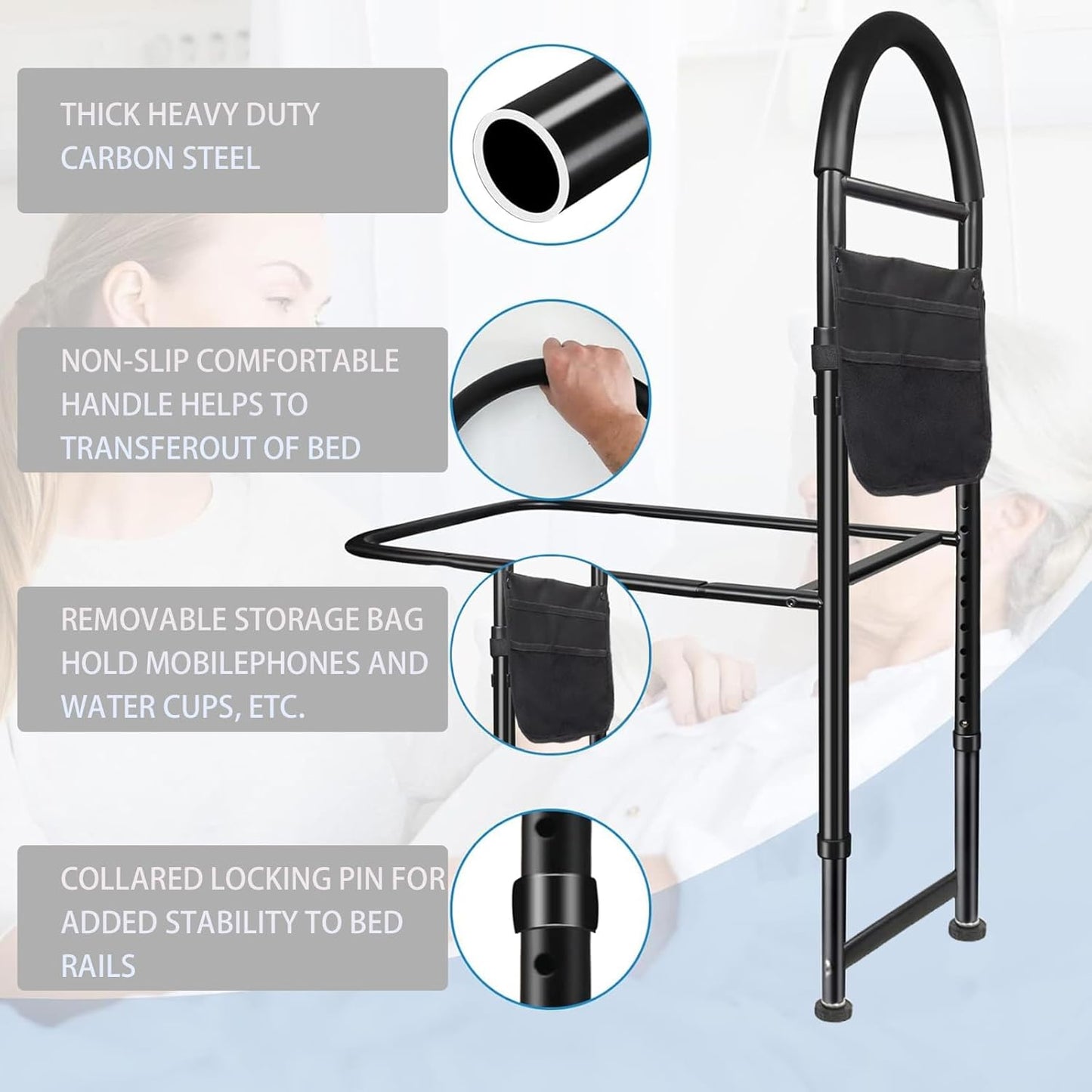 Bed Rails for Elderly Adults Safety, ASTM Approved Adjustable Bed Handle Bedside Assist, Non-Slip Ergonomic Handle and Support Bar, Support Up to 330lbs, with Fixing Strap