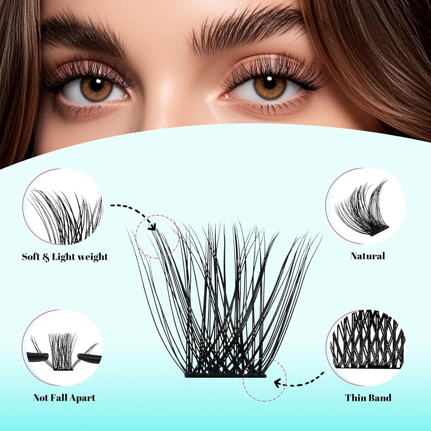 Wispy Lash Clusters Eyelash Extensions 144pcs Individual Lashes Cluster 16mm D Curl Fake Eyelash with Thin Band DIY Cluster Lashes At Home For Beginners (D-16mm)