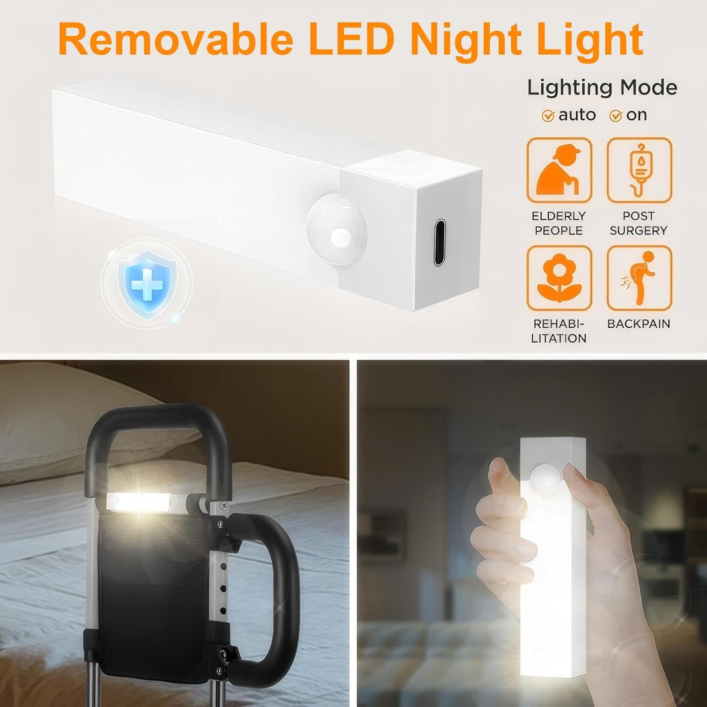 Foldable Bed-Rails for Elderly Adults Safety with LED Night Light and Three Storage Pockets, Adjustable Bed-Assist-Rails for Seniors,Portable & Sturdy Grab Bar Bed Cane for King/Queen/Full/Twin