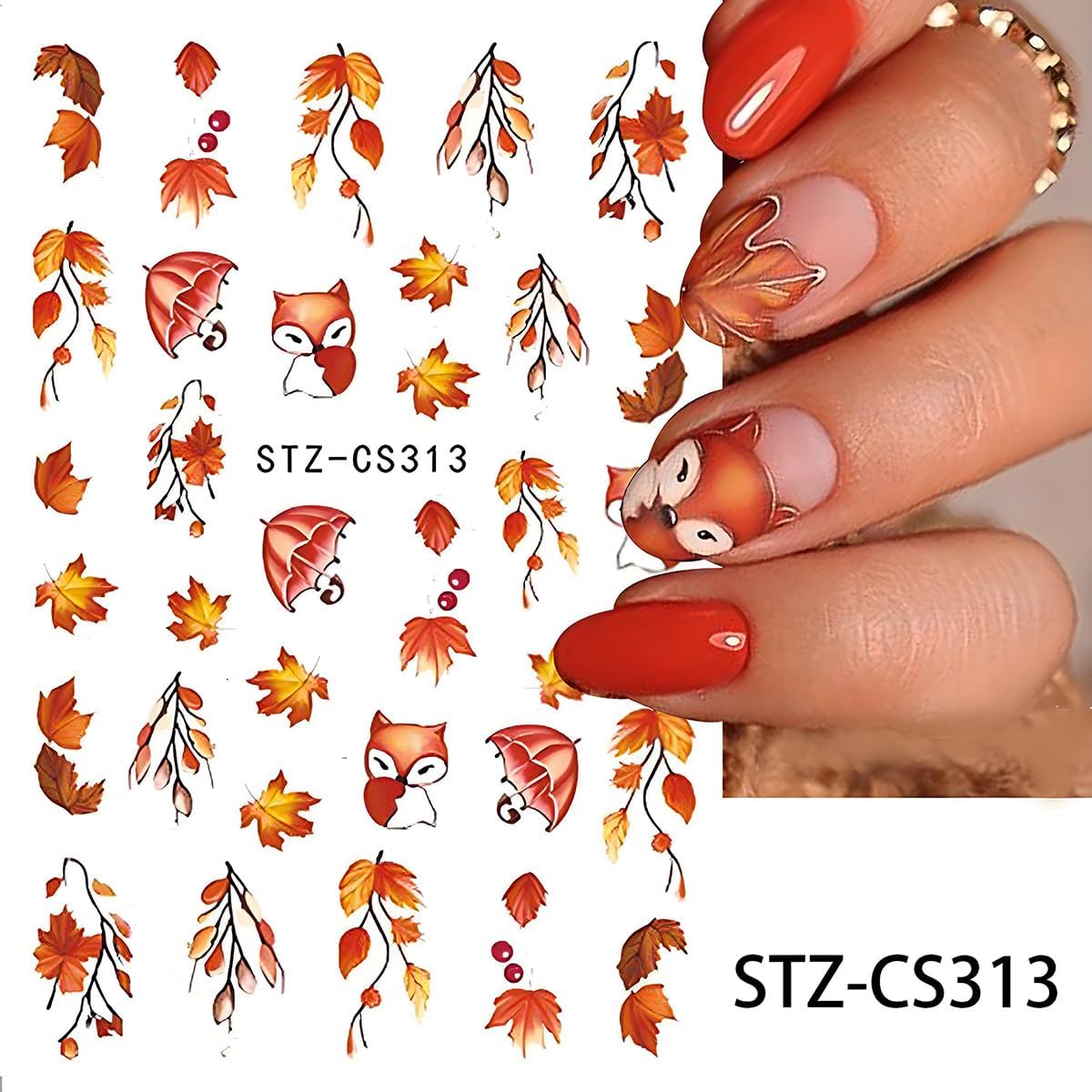 Fall Nail Art Stickers, Cute Fox Nail Art Decals 3D Self-Adhesive Maple Leaves Pumpkin Bow Nails Stickers Fall Blossom Flowers Nail Design 8Pcs Nail Art Supplies for Women Nail Decoration