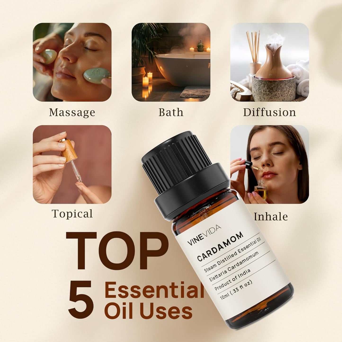 VINEVIDA Cardamom Essential Oil 10 mL - Undiluted Cardamom Oil 10 mL - Cardamom Candle Oil Scent - DIY Candle Scents for Candlemaking - 10 mL Essential Oil for Soap Making Safe for Skin