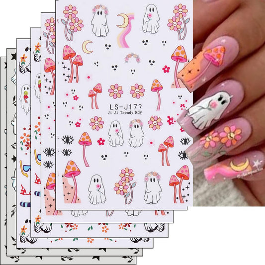 Halloween Nails Stickers Cute Ghost Nails Sticker 3D Embossed Pink Flowers White Ghost Self Adhesive Sticker Nail Decals Black Leaves Nail Art Decal Halloween Decals for Nail DIY Manicure 6Sheet