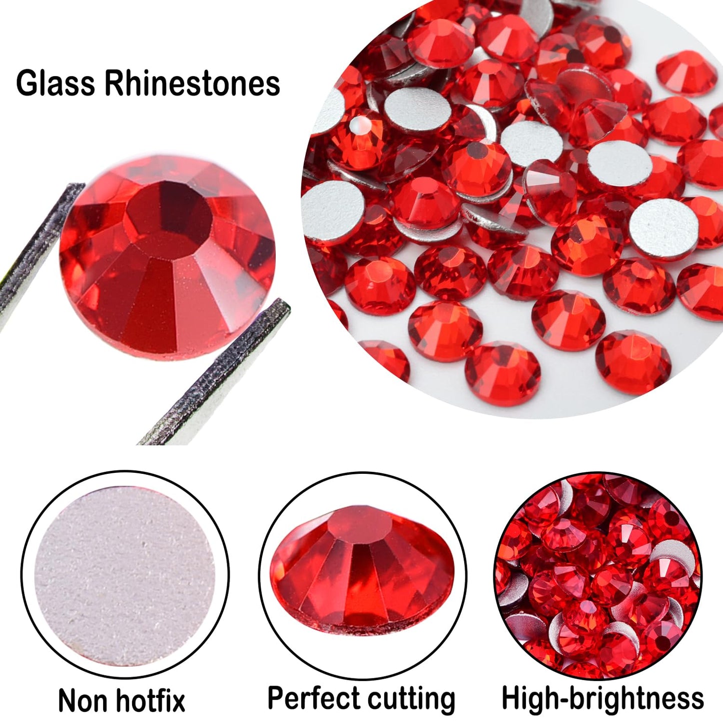 Flatback Glass Rhinestones,Bedazzler Gems 1440pcs Non Hotfix Crystal Rhinestones for Nail Charms Crafts Clothes Tumblers,Red,SS16