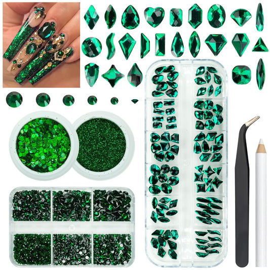 4 Boxes Emerald Green Rhinestones Glitters 24 Shapes K9 Glass Gems Stones Flatback Round Diamonds Crystals Nail Art Charms Supplies for Nails Faces Eyes Makeup Body DIY Crafts Tumblers Bottles
