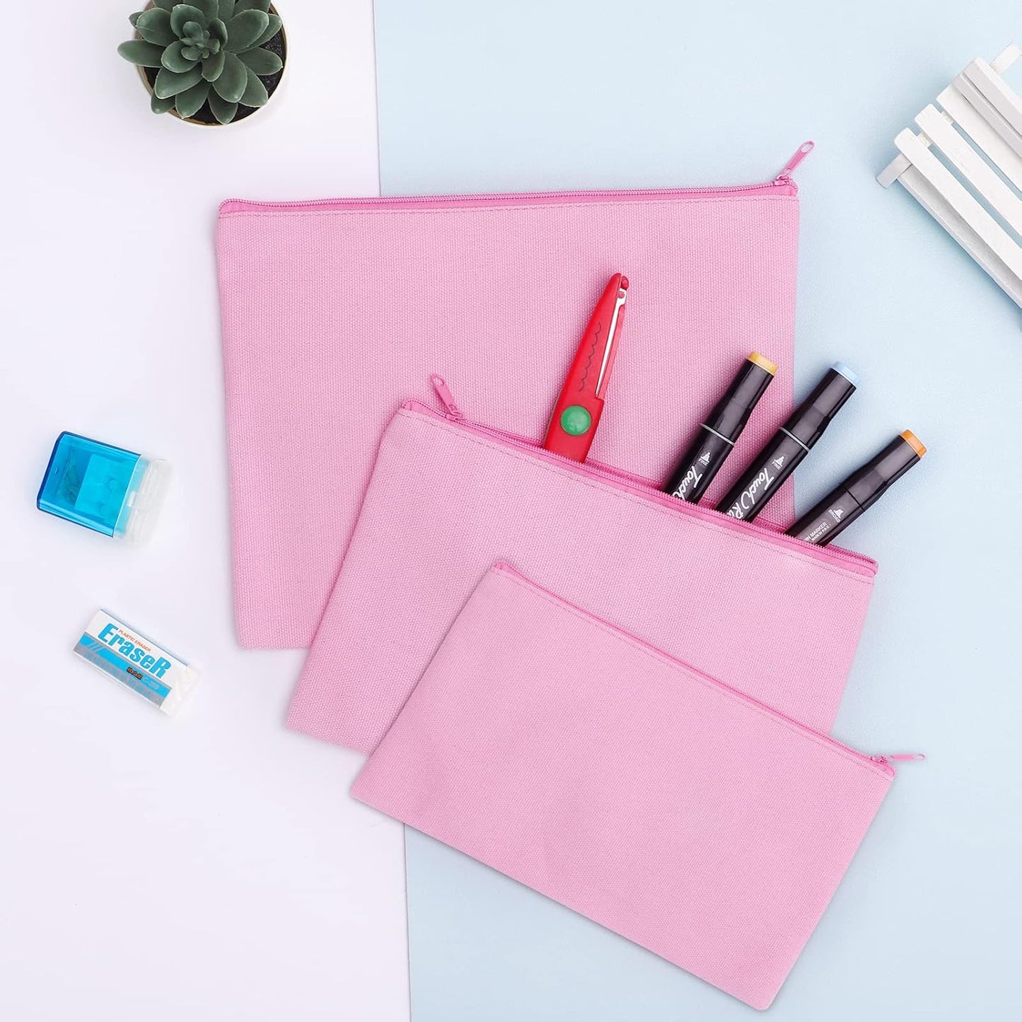 12 Pieces Cotton Canvas Makeup Bag, Multipurpose Cosmetic Bag with Zipper Travel Toiletry Pouch, Blank DIY Craft Bag (Pink, M)