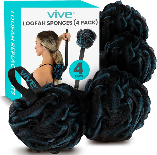 Vive Loofah Sponge Replacement (4 Pk) Shower & Bath Pouf Scrubber for Back & Body Exfoliation, Works with Vive Interchangeable Loofa Handle Long Brush (Replacement Sponge Black and Blue (4 Pack), 4)