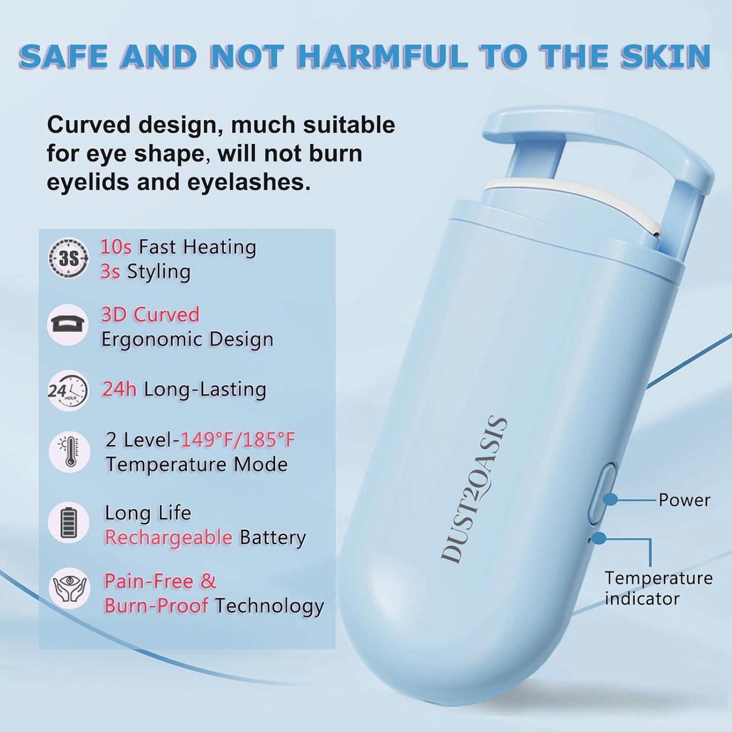 Heated Eyelash Curler - Wide Open Dual-Arc Design Heated Lash Curler - Electric Eyelash Curler - Type-C Rechargeable Mini Lash Curler Natural Curling 24H Long Lasting for Women - Blue