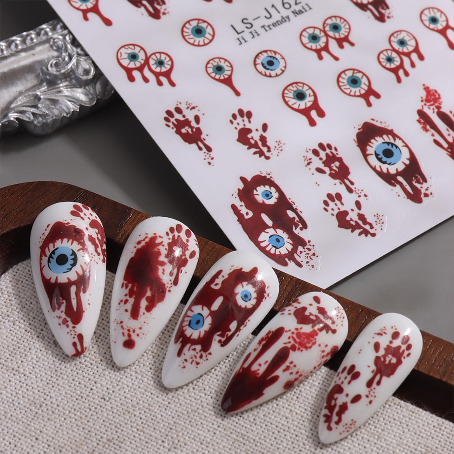 Halloween Nail Stickers for Nail Art Cute Ghost Black Cat Pumpkin Blood Eyeball 3D Self-Adhesive Nail Decals Nail Art Supplies Nails Design Manicure Stickers for Nails Decoration 6Sheets