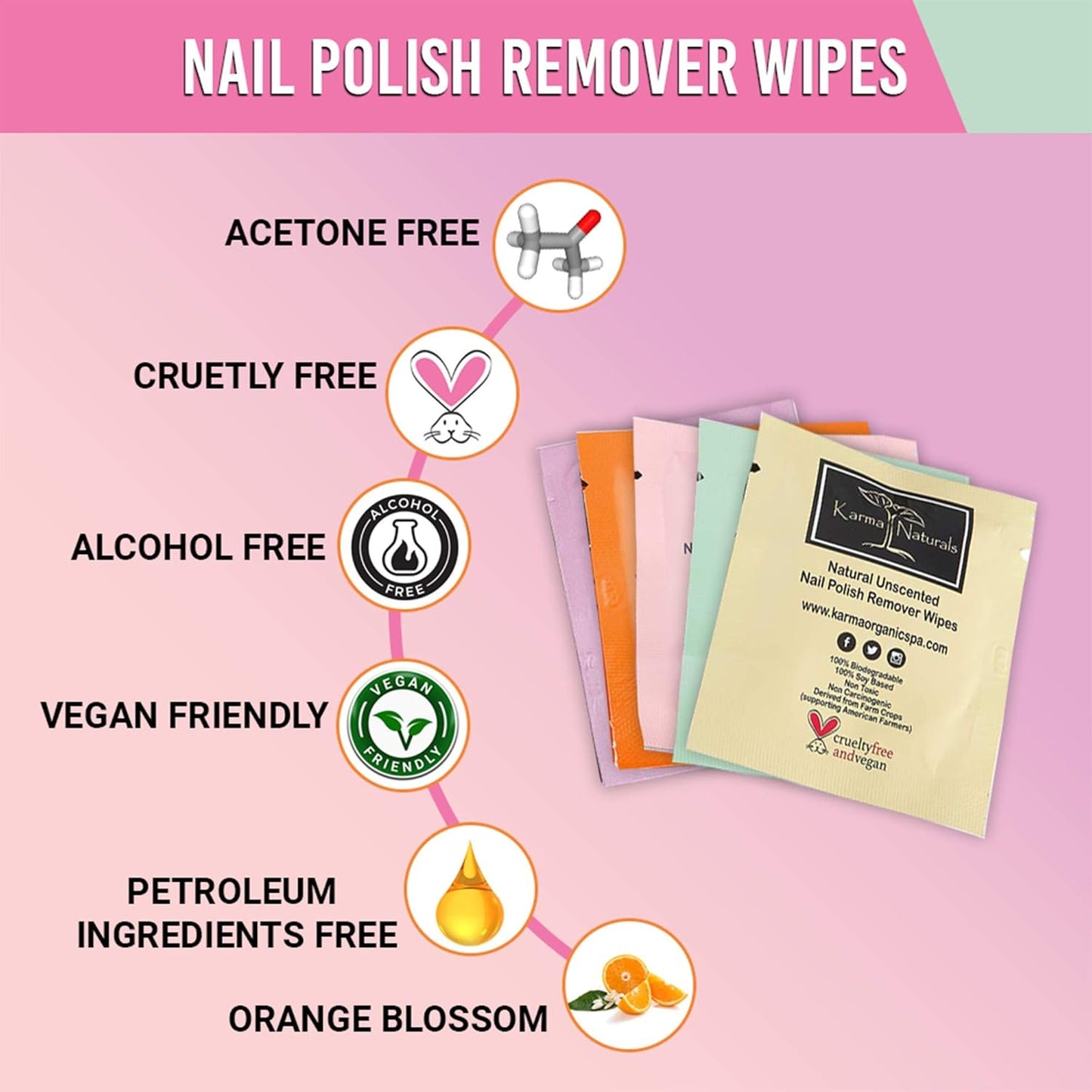 Karma Organic Nail Polish Remover Wipes Bundles Non-Toxic Vegan and Cruelty Free – bundle of 5/50 wipes
