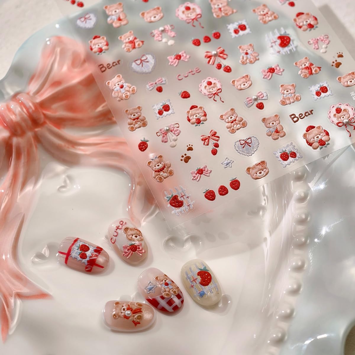 Cute Nail Stickers Bear Nail Art Decals Strawberry with Design Nails Art Stickers 5D Embossed Charms Self Adhesive Nails Decals for Women Girls Kid Manicure DIY Decoration Accessories