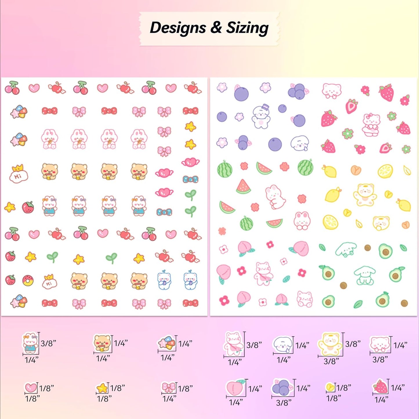10 Sheets of 3D Nail Stickers - 719 Cute Nail Decals - Embossed Nail Stickers for Kids | Kawaii Theme - Butterfly, Flowers, Cats, Bunny, Stars, Fruits | Glow in The Dark