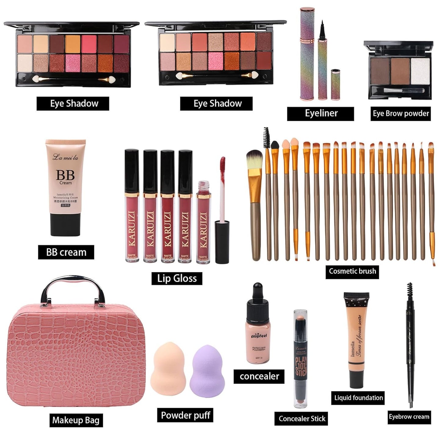 All in One Makeup Kit - 2X14 Eyeshadow Palette, Liquid Foundation, Eyeliner Pencils, Contouring Stick, 20pc Makeup Brushes (Pink)