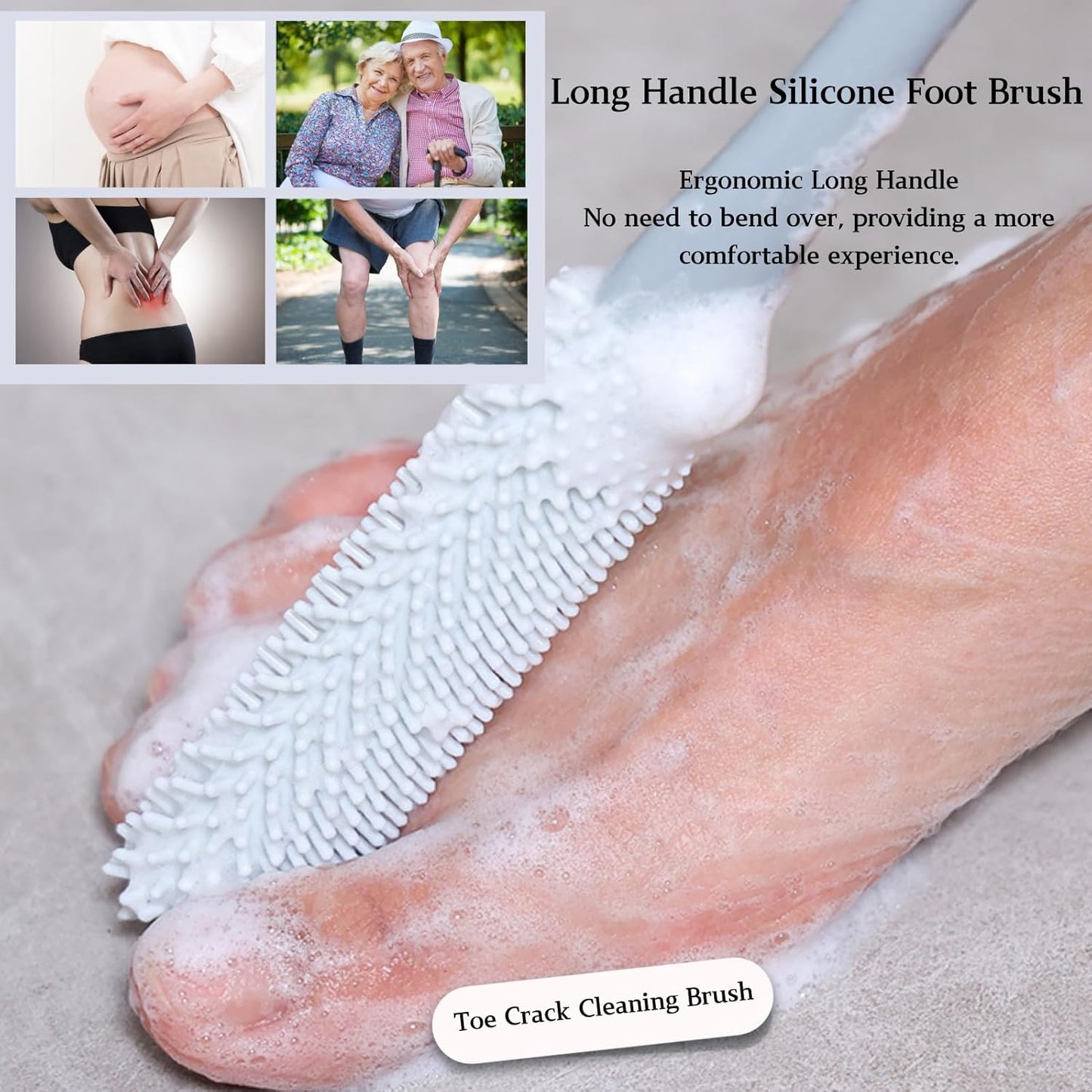 Toe Cleaning Brush with 15.7" Long Handle,Foot Scrubber in Shower,No Bending, Ideal for Seniors, Expecting Mothers, Men & Women | Foot Scrubber & Anti-Itch Exfoliating Brush (2 Pack) (Grey)
