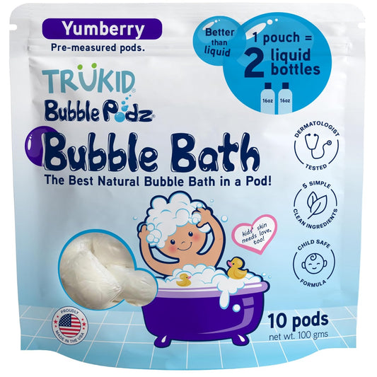 TruKid Bubble Podz Bubble Bath for Kids, Toddlers, & Babies, Tear Free Gentle & Refreshing Bath Bomb for Sensitive Skin with Natural Moisturizers, Non-Toxic, pH Balanced, Yumberry Scent (10 Podz)