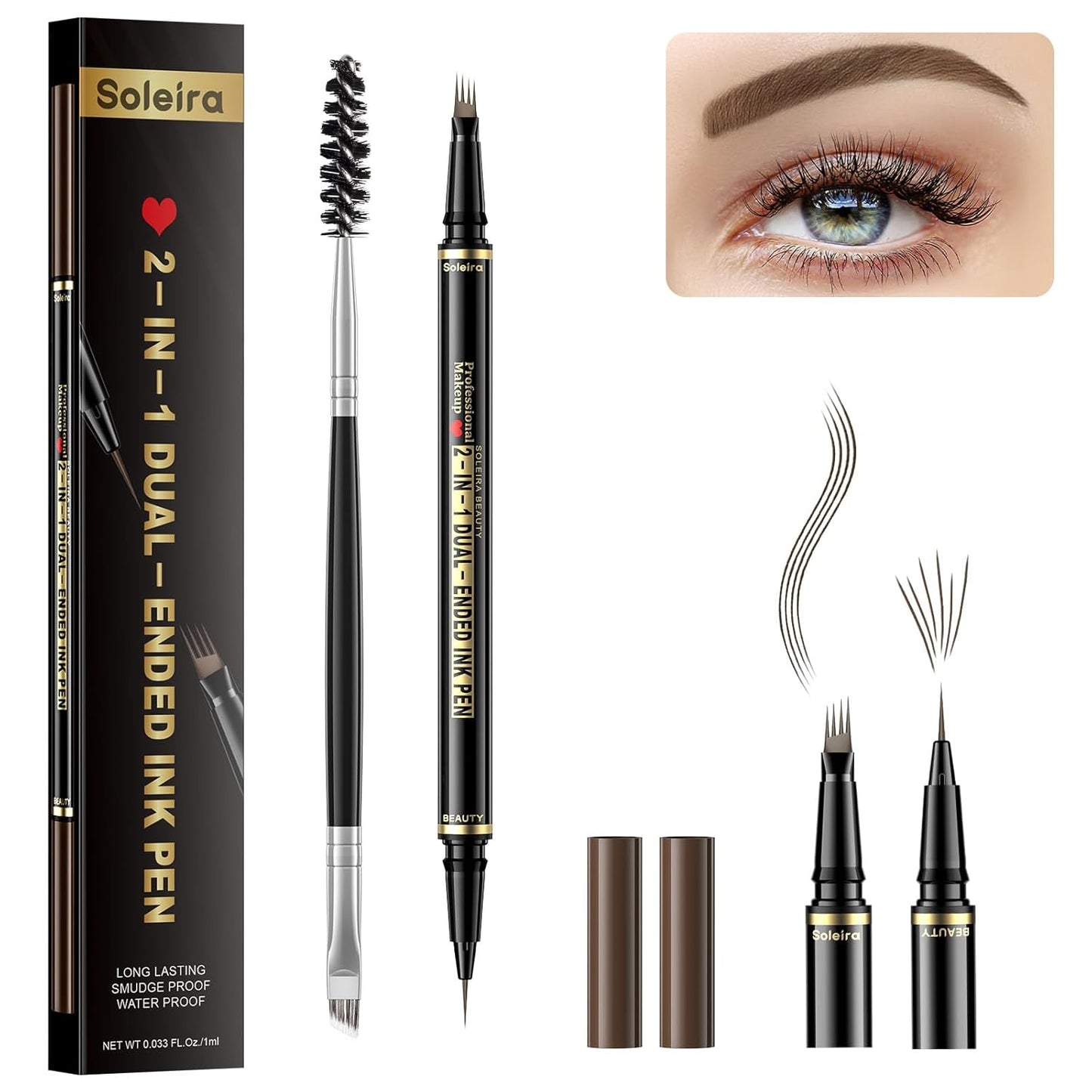 Eyebrow Pen, Soleira Waterproof Eyebrow Pencil with 4 Tip Microblading Eyebrow Pen and Dual-ended Eyebrow Brush, for Natural-Looking Brows, Long-Lasting, Ash Brown