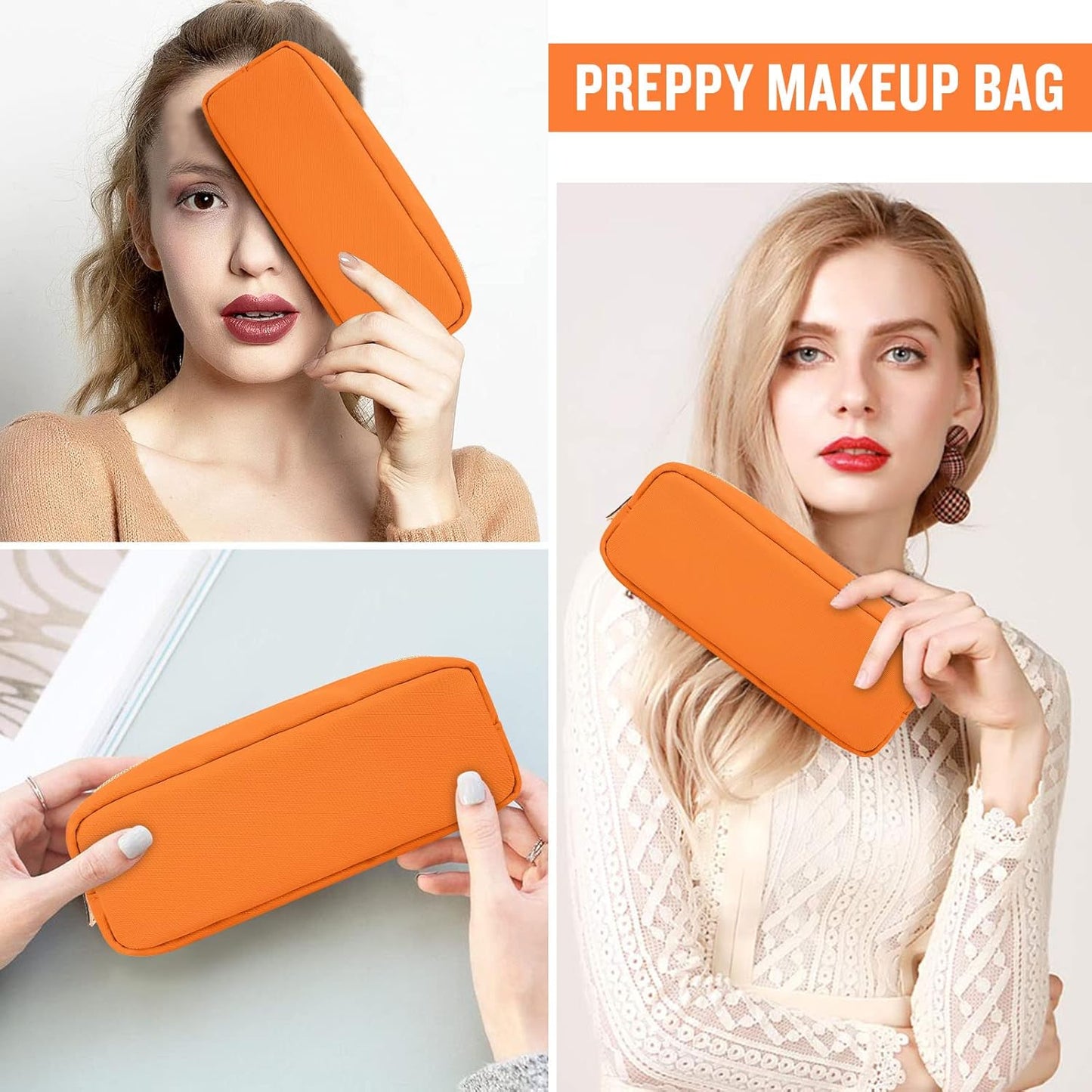 Izuzta Nylon Small Makeup Bag Slim Pouch, Preppy Cute Brush Case, Cosmetic Zipper for Purse, Waterproof Travel Toiletry Clutch Coin Organizer for Women Girls (Orange)