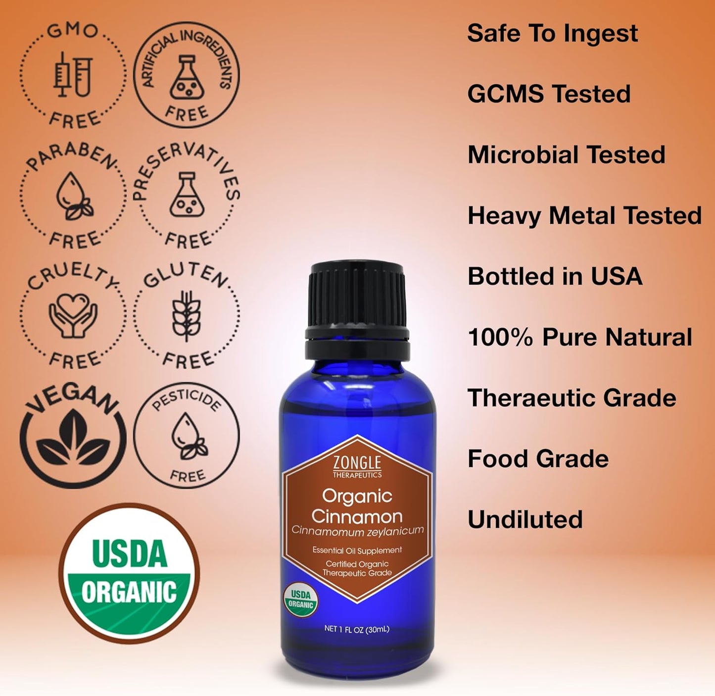 Organic, Cinnamon Essential Oil, Food Grade, for Candy, Cooking, Baking – 100% Pure, Edible, Cinnamon, Leaf, Oil, by Zongle Therapeutics, 1 OZ