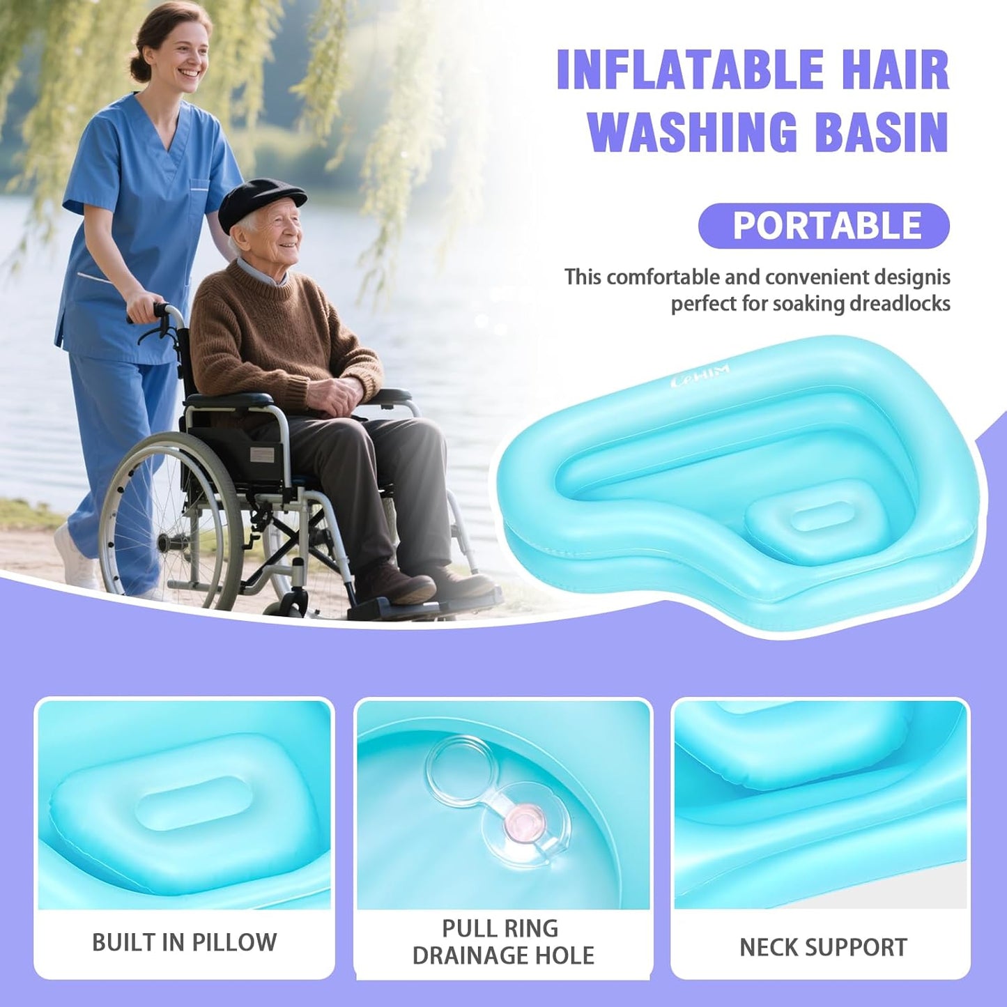 Portable Inflatable Shampoo Basin for Bedridden & Elderly - Zero Pooling Design | Fast-Drain Slope & Neck Support | Portable Hair Wash Bowl, Drain Hose | Hospital PVC | Home Use (Blue, Large)
