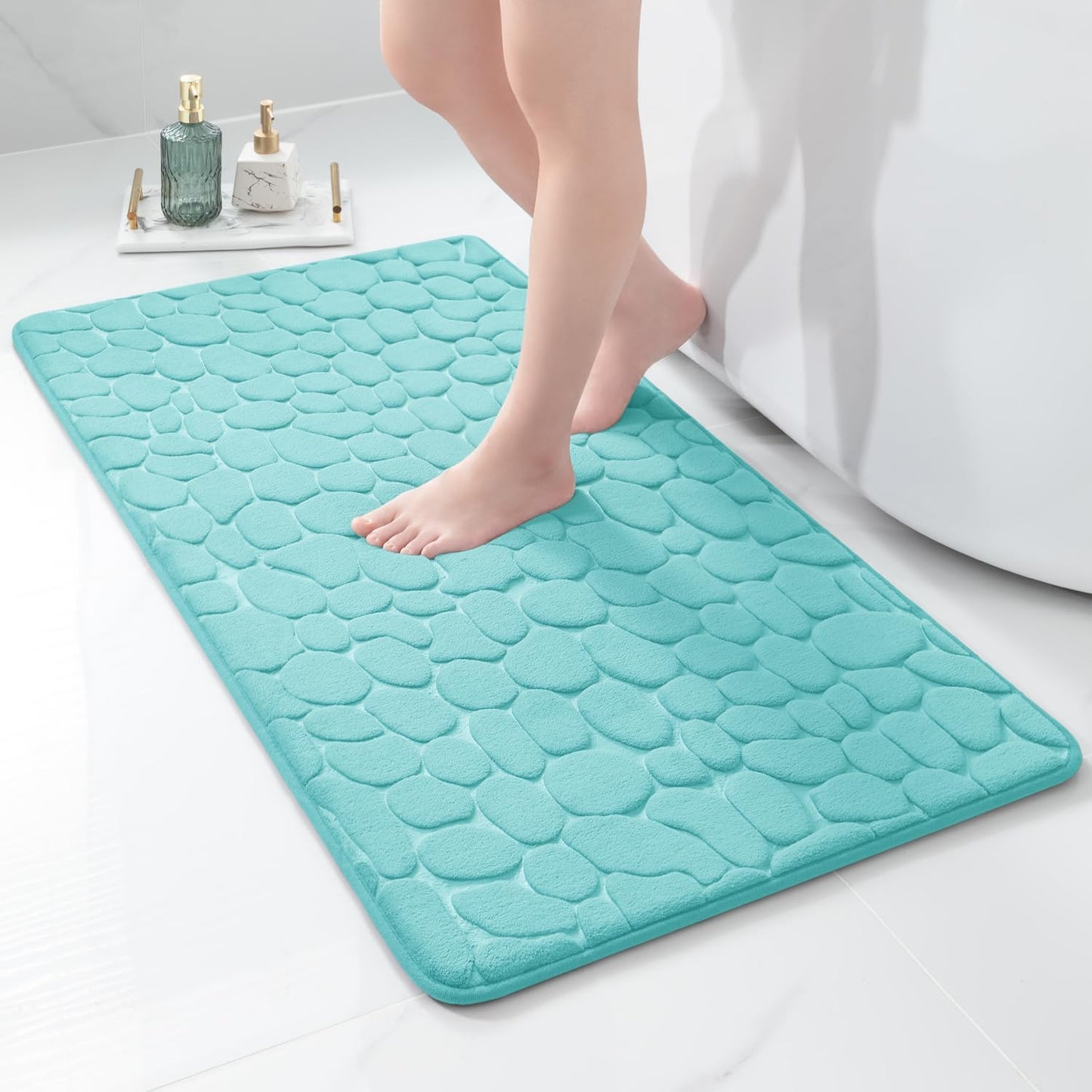 YIHOUSE Memory Foam Runner Rug, Cobblestone Bathroom Runner Rugs Super Water Absorbent Bath Mats for Bathroom Machine Washable Bath Rugs Runner for Hallway Bedroom Laundry Room(24 x 47,Teal)