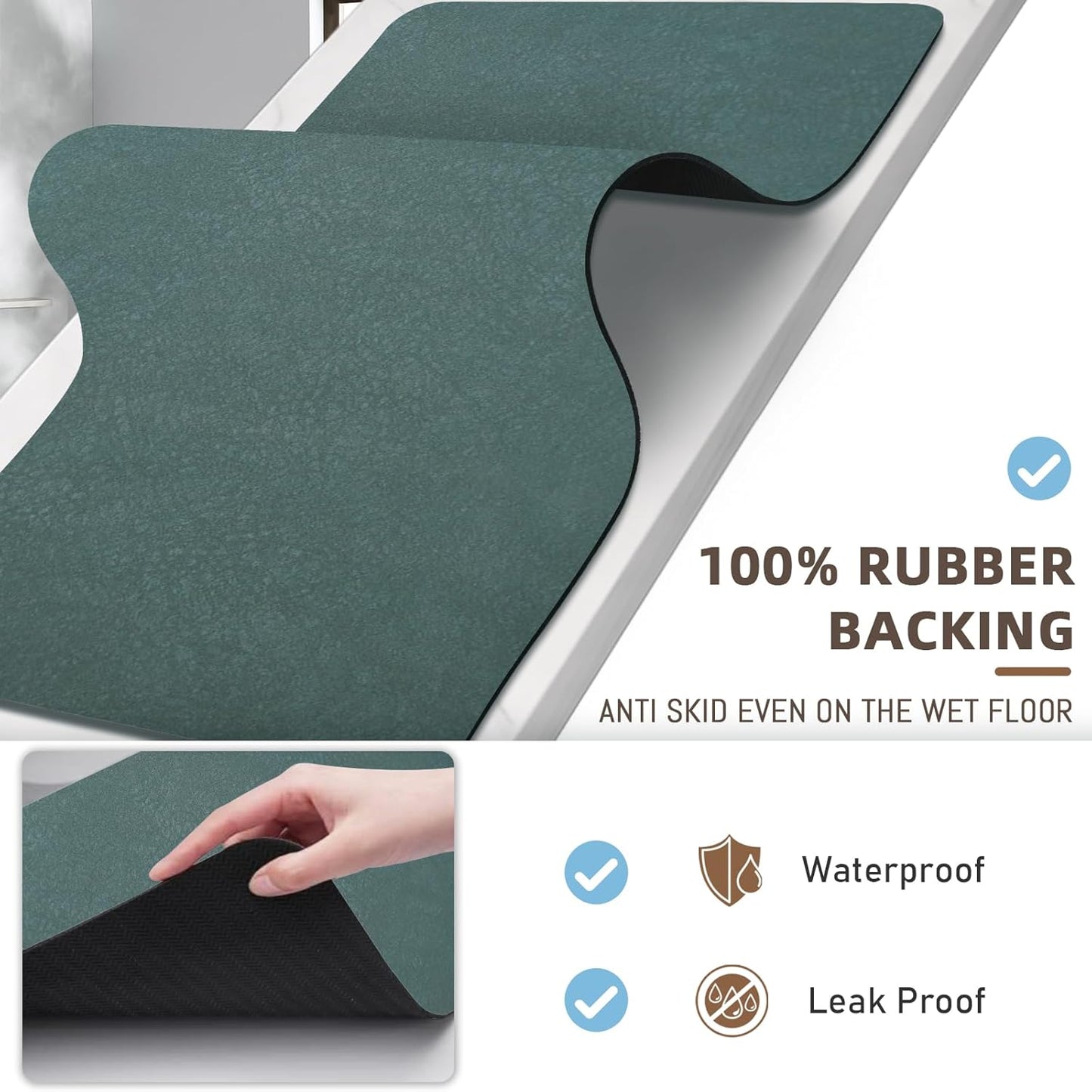 Diatomaceous earth bath mat Bathroom Rugs Sets 3 Piece Super Absorbent Quick Dry Bath Mats, Rubber Non Slip Shower Mat and Toilet Mat U Shape, Shower Rug for in Front of Bathtub Shower, Green