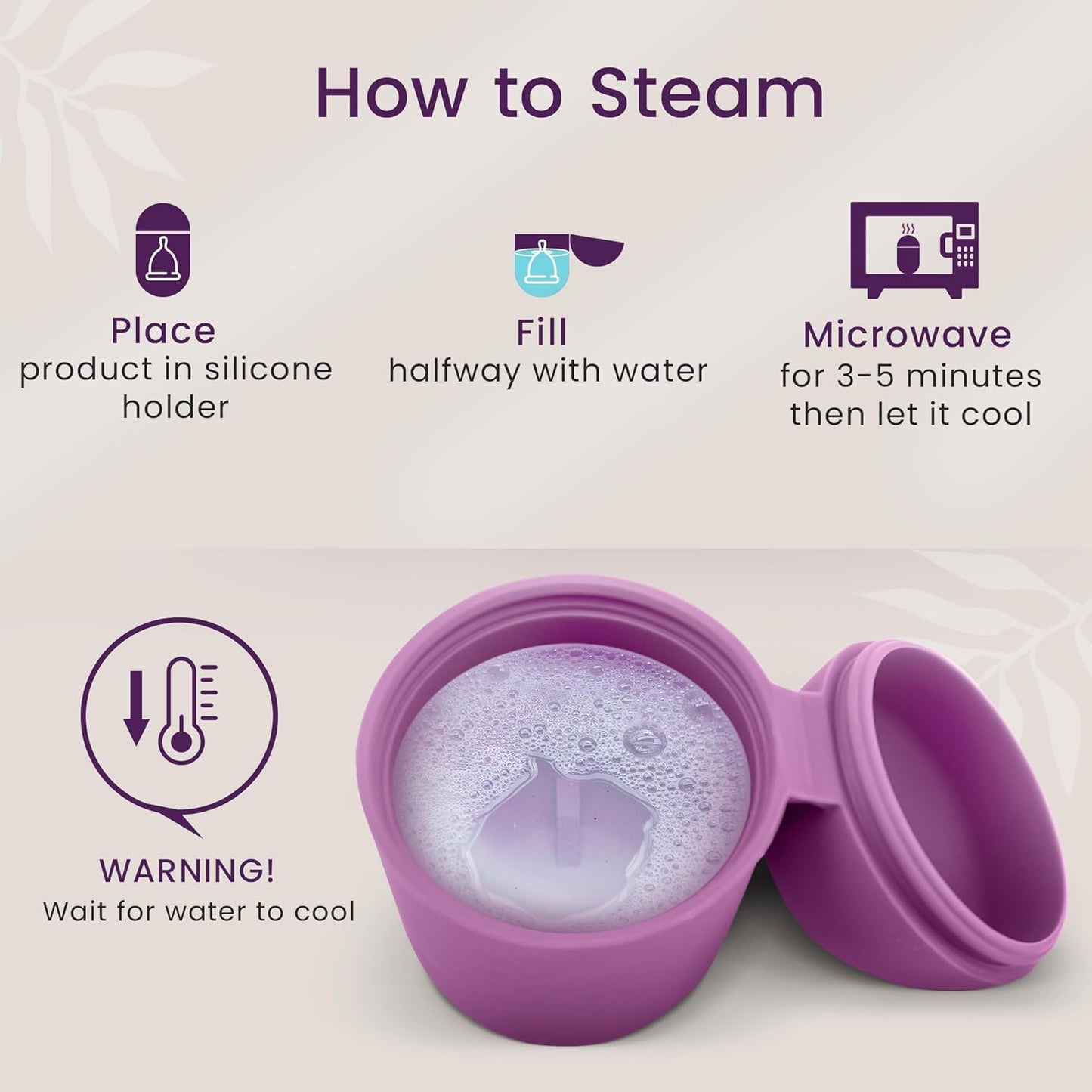 EcoBlossom Menstrual Cup Case and Sterilizer - Reusable Silicone Sterilizing Holder - Cleaner Period for You and Your Disc or Cup - Portable Cleaning Container & Microwave Steamer (Purple)