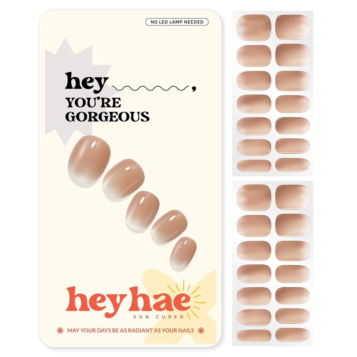 Semi Cured Gel Nail Strips | No LED Lamp Needed | Ombre, Nude | Easy Apply & Remove, Salon Quality | Includes 28 Strips, 1 Prep Pads, Nail File & Wooden stick - Hey, You're Gorgeous