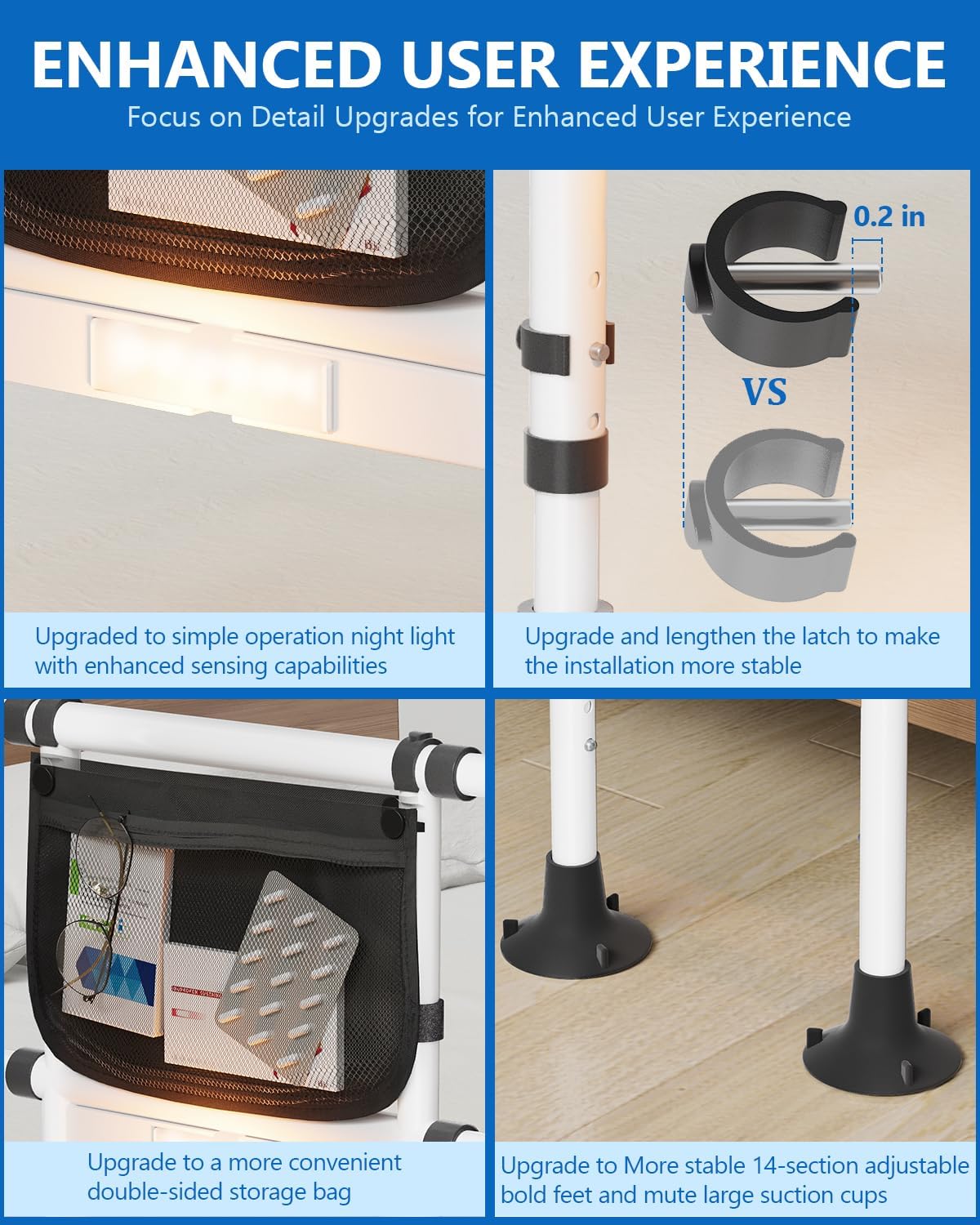 Bed Rails for Elderly Adults Seniors Adjustable Height Foldable Safety Rail with 400 Lbs Capacity Non-Slip Handle, Night Light, Fall Prevention Grab Bar for King Queen Full Twin Beds White