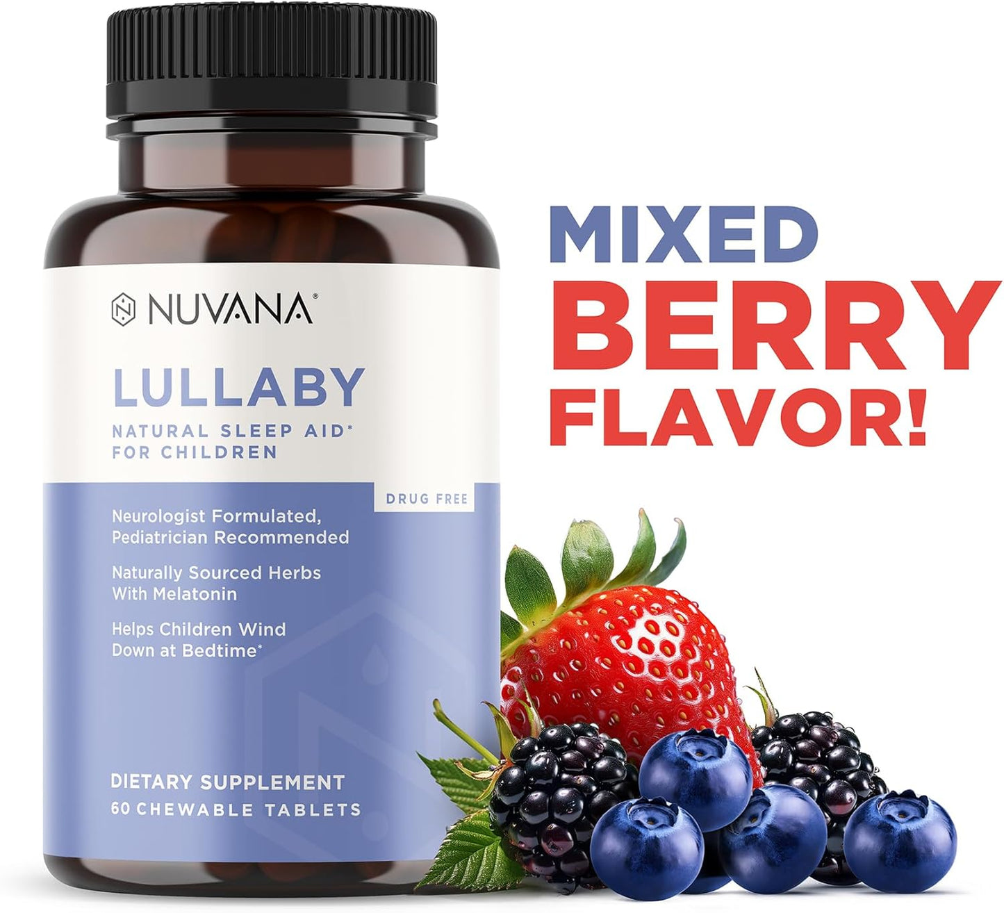 Lullaby | Gentle Kids Natural Sleep Aid | Pediatrician Recommended | Delicious Low Dose Melatonin & Non-Habit Forming Mixed Berry Chewable Tablets | with Chamomile, Magnesium for Kids 3+