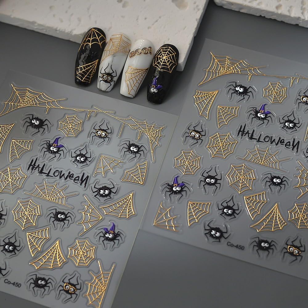 Halloween Nails Stickers Black Spider with Hat Nails Sticker 3D Embossed Gold Web Self Adhesive Sticker Nail Decals Funny Spiders Nail Art Decal Halloween Decals for Nail DIY Manicure 1Sheet