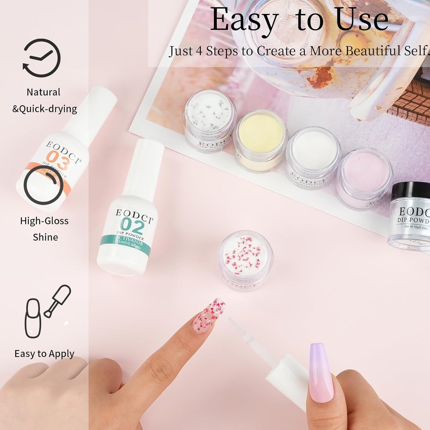 Dip Powder Nail Transparent Crystal Dried Flower Set, 6 Colors Dipping Powder Kit With Base & Top Coat/Activator/Brush Saver, Nail Art Manicure Salon DIY for Daily at Home Party Gifts for Women