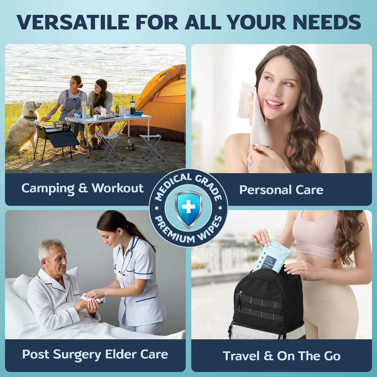 60 XL Shower Wipes – Body Wipes for Adults Bathing No Rinse – 6 Packs of 10 – Extra Moist Bath with Aloe & Vitamin E for Camping, Travel, Gym & Bedridden Care