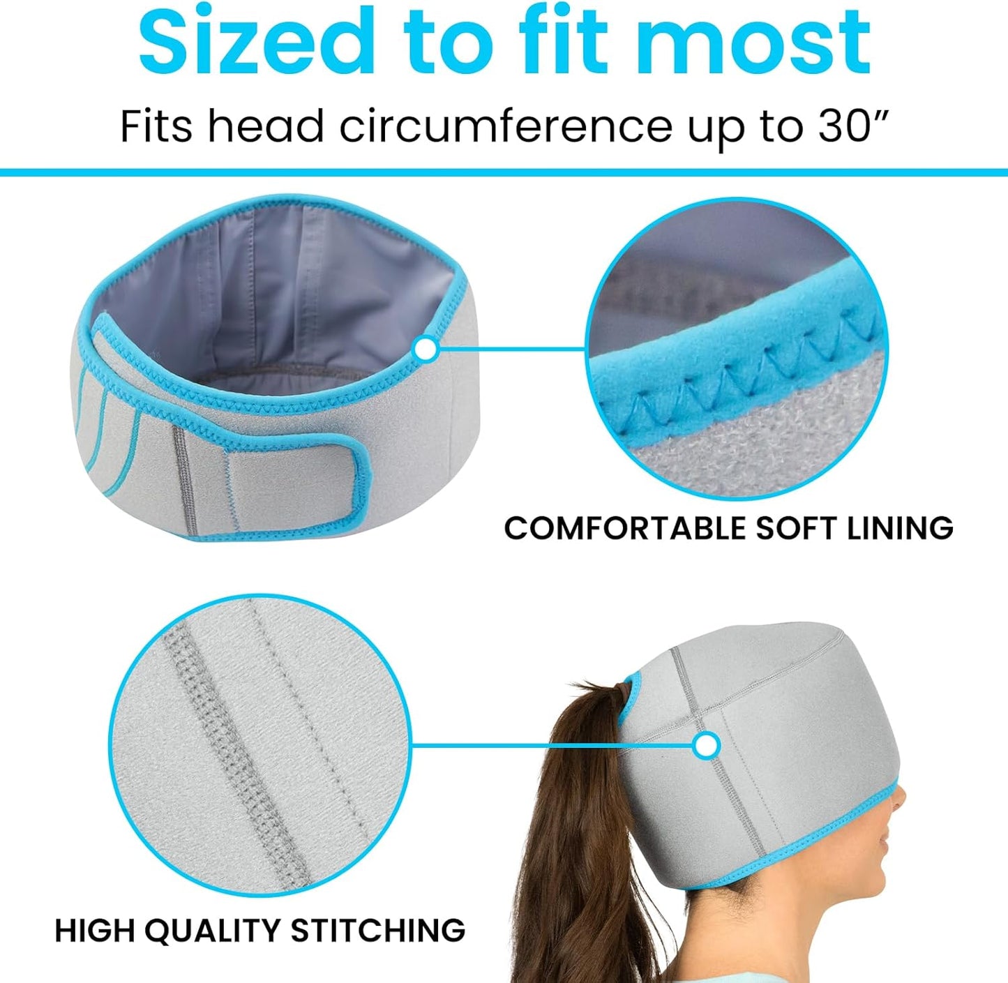 Vive Migraine Relief Cap - Hot & Cold Compression Hat for Headache - Full Head Ice Wrap Beanie & Eye Mask for Tension & Pressure Relief - Cooling Headband - Reusable & Flexible Soft Gel Packs