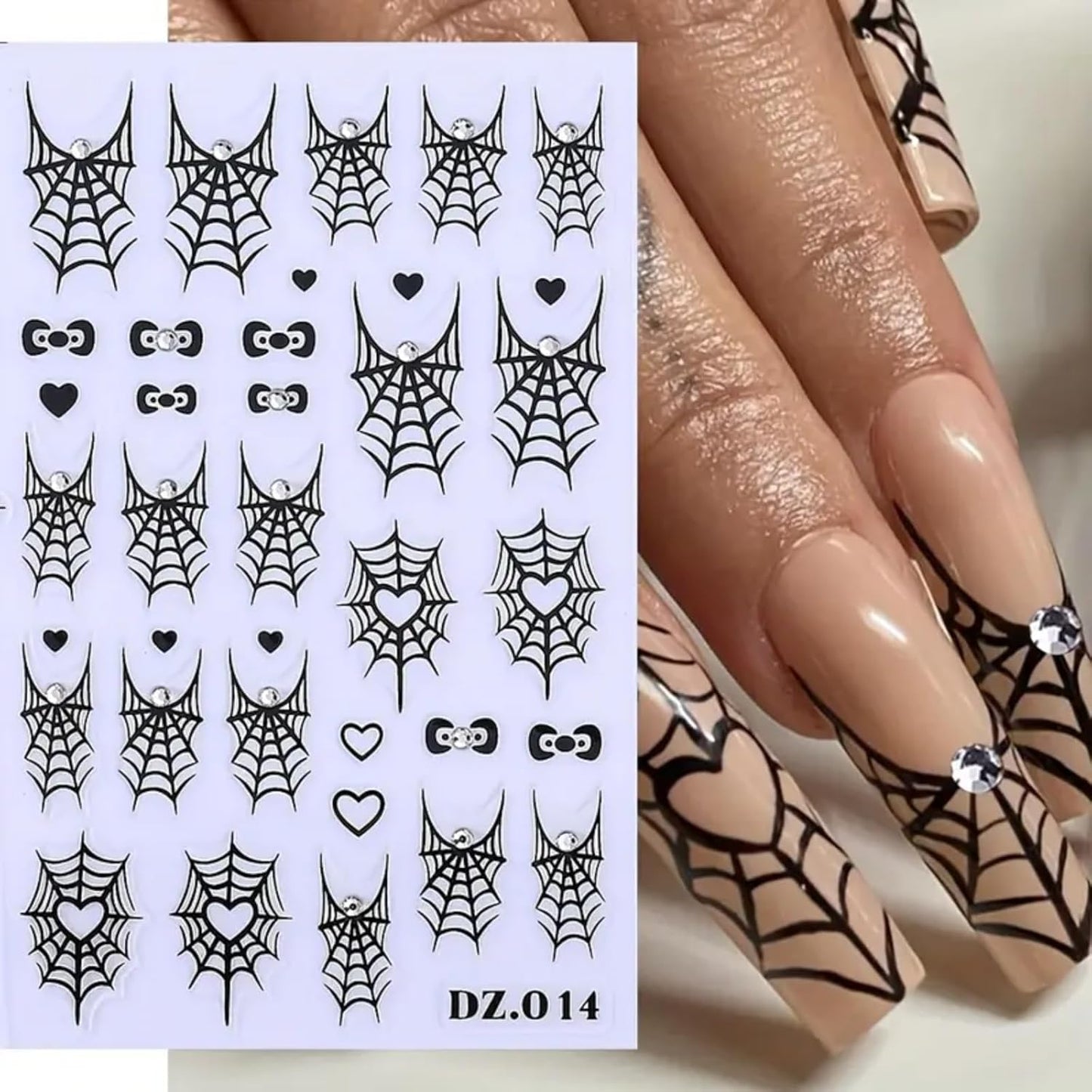 4PCS Halloween Nail Art Stickers Black Spider Web Spider Nail Decals with Rhinestone Crystal Spider Web Spider Nail Stickers Cute Bow Heart Halloween Nail Art Supplies for Women Manicure Decorations