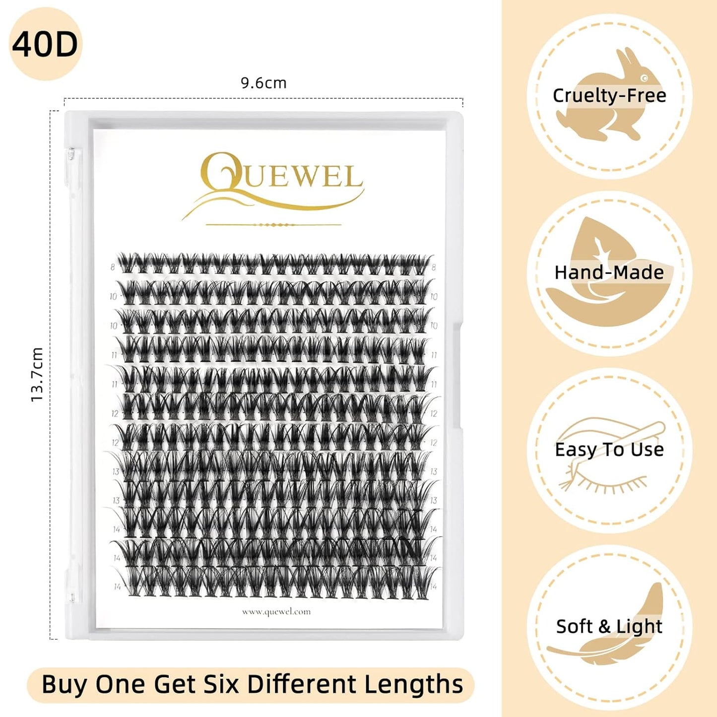 QUEWEL Cluster Lashes 240Pcs Individual Lashes 40D 0.07D Curl Mix8-14mm Lash Extensions Clusters Lashes Soft&Natural False Eyelashes Individual DIY Eyelash Extension at Home(40D 0.07D MIX8-14)