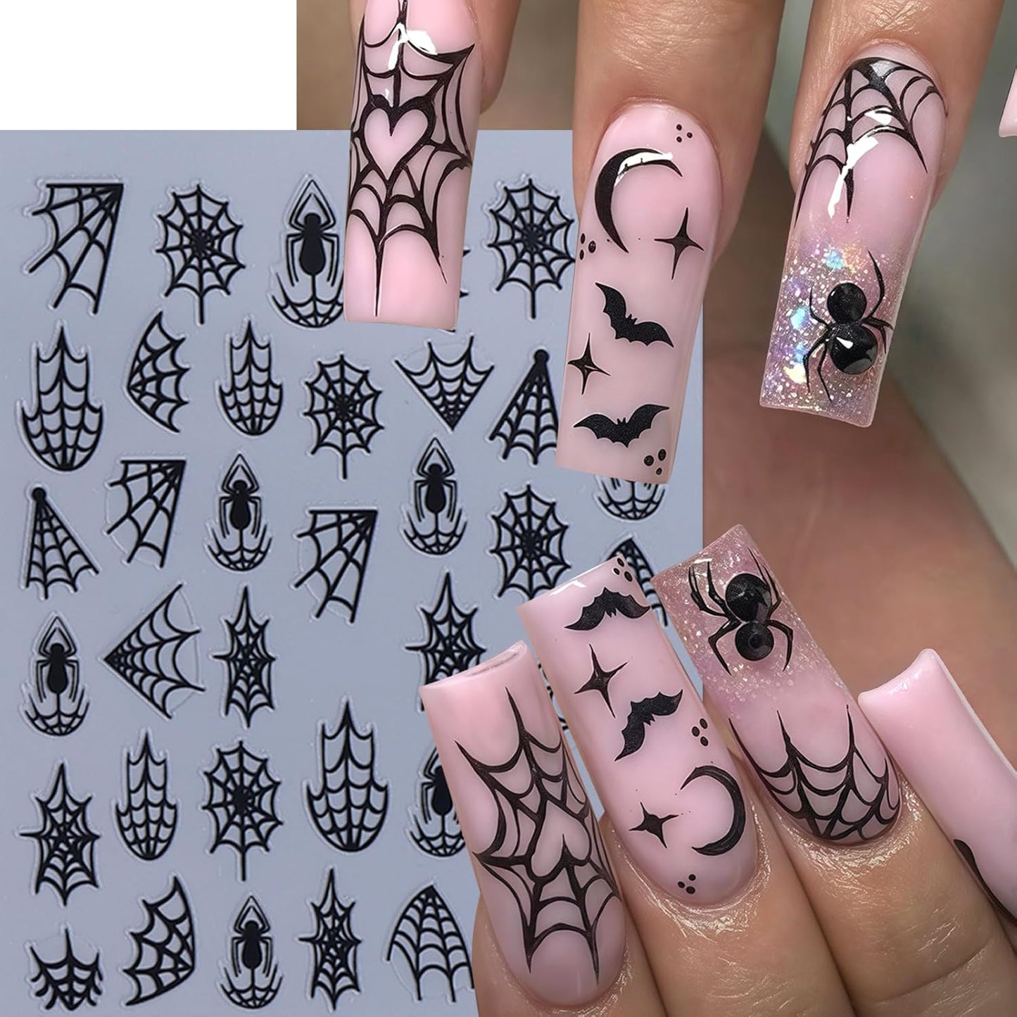 10 Sheets Halloween Nail Stickers for Nail Art 3D Self-Adhesive Spider Nail Decals Spider Web Nail Art Stickers Black White Gold Silver Laser Spider Web Nail Design for Acrylic Women Manicure Decor