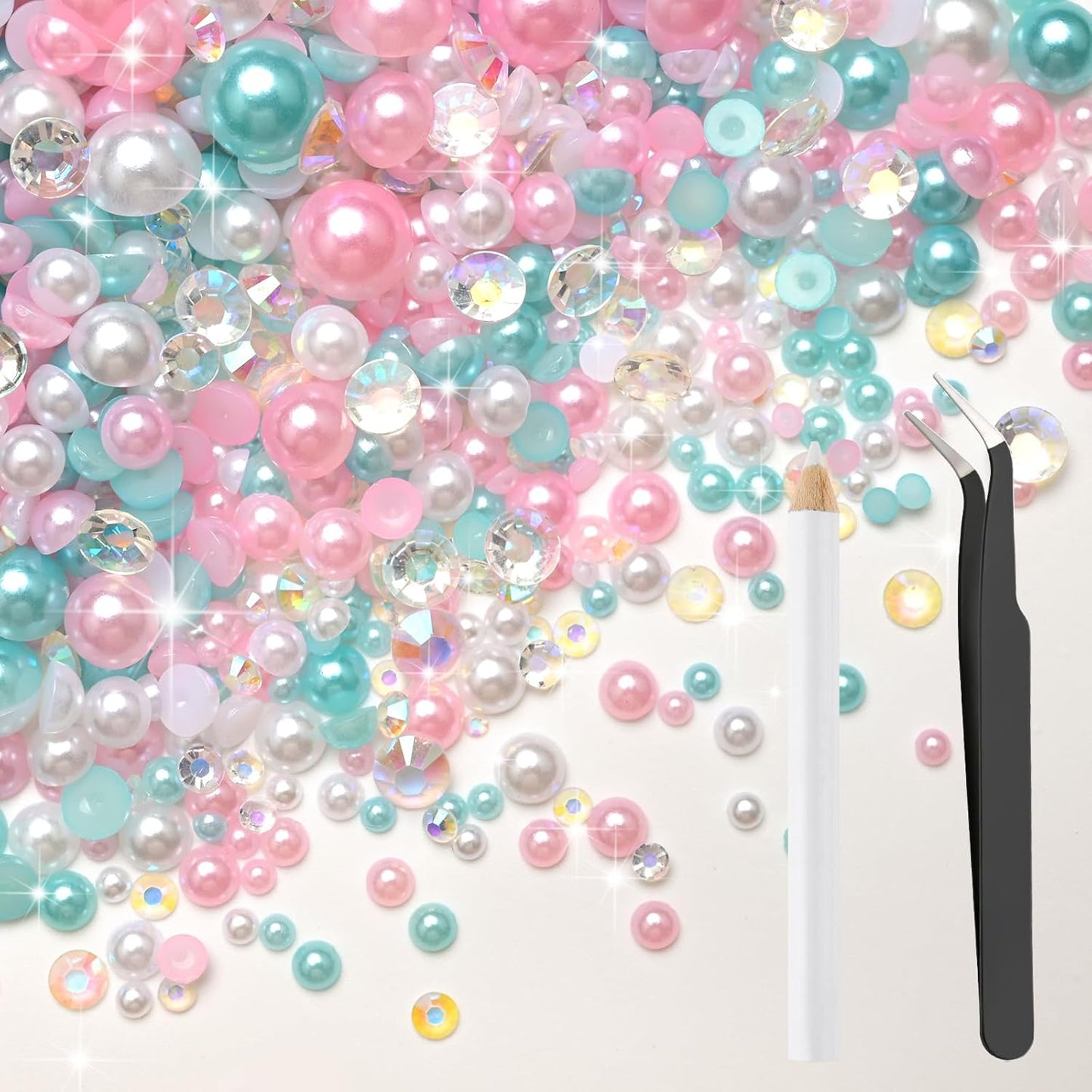 80g Mix Flatback Pearls and Rhinestones for Crafts Pink Blue White Mixed Size 2mm-10mm Half Round Pearls Rhinestones for Nail Art Tumblers Shoes DIY Bedazzling with Tweezers Wax Pen