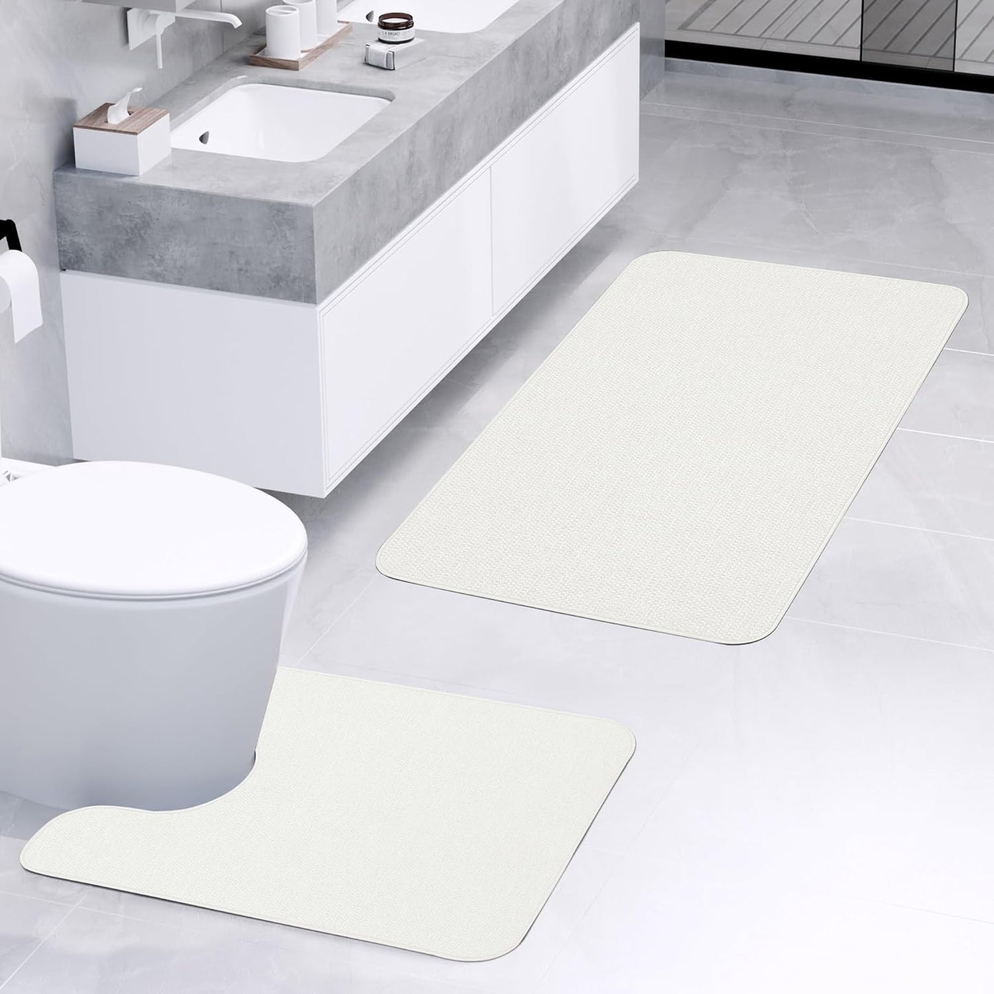 Bathroom Rugs Set 2 Pieces,Thin Bathroom Mats,Toilet Rugs,Quick Dry,Non-Slip,Machine Washable,Low Pile,Absorbent Bath Mats,Shower,Sink,Home Decor Accessories.White,1'5"x2'3"+1'8"x2" U Shape