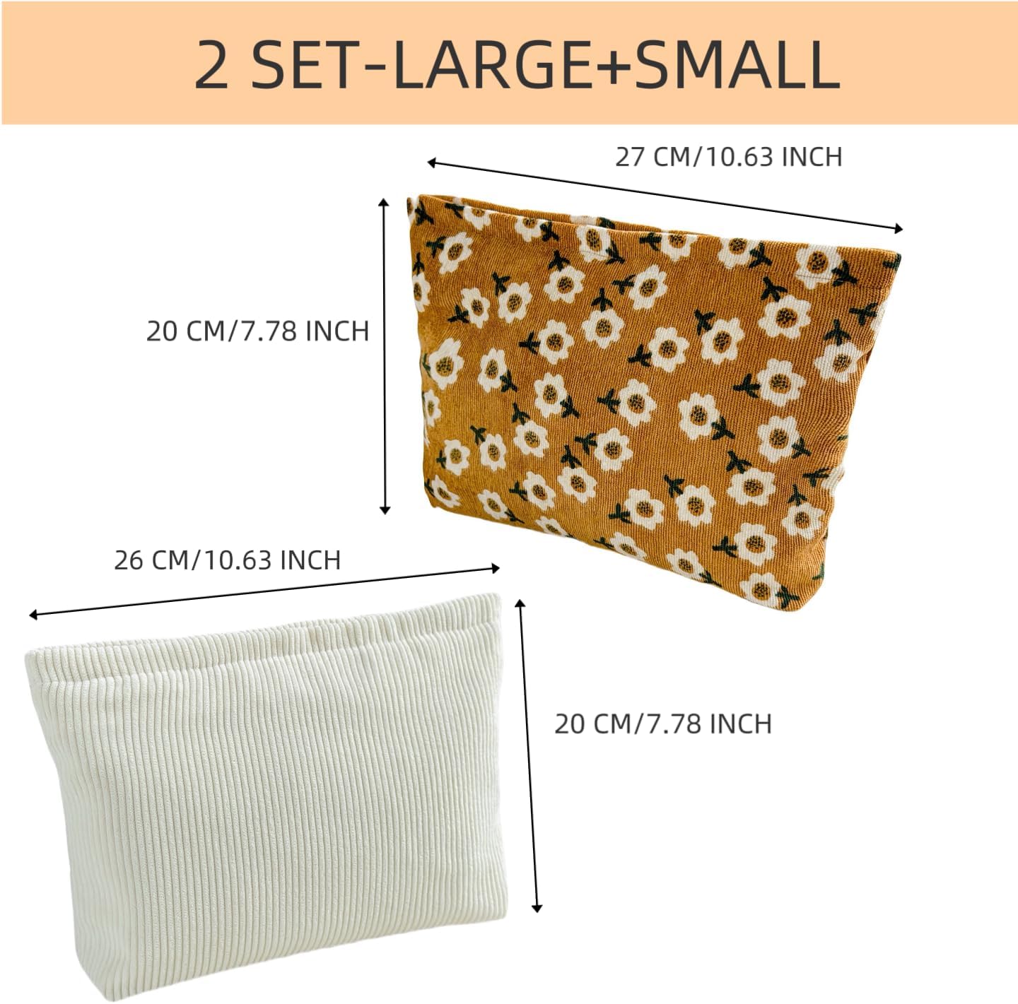 2 makeup bags Women's floral lamp core velvet canvas makeup bag, travel makeup bag, wallet storage, khaki and cute beige