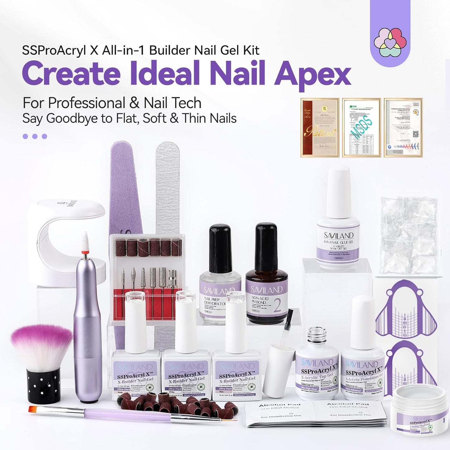 SAVILAND Builder Nail Gel Kit with Nail Drill: Clear Pink Nude White Gel Builder for Nails VE Castor Oil Ultra - Hard Gel with U V Lamp Base Top Coat for Nail Apex Extension Strengthener SSProAcryl X
