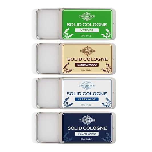 Solid Cologne for Men, Stocking Stuffers, Gifts for Men, Sandalwood, Vetiver, Cedarwood, Sage Scents, 4 Pack