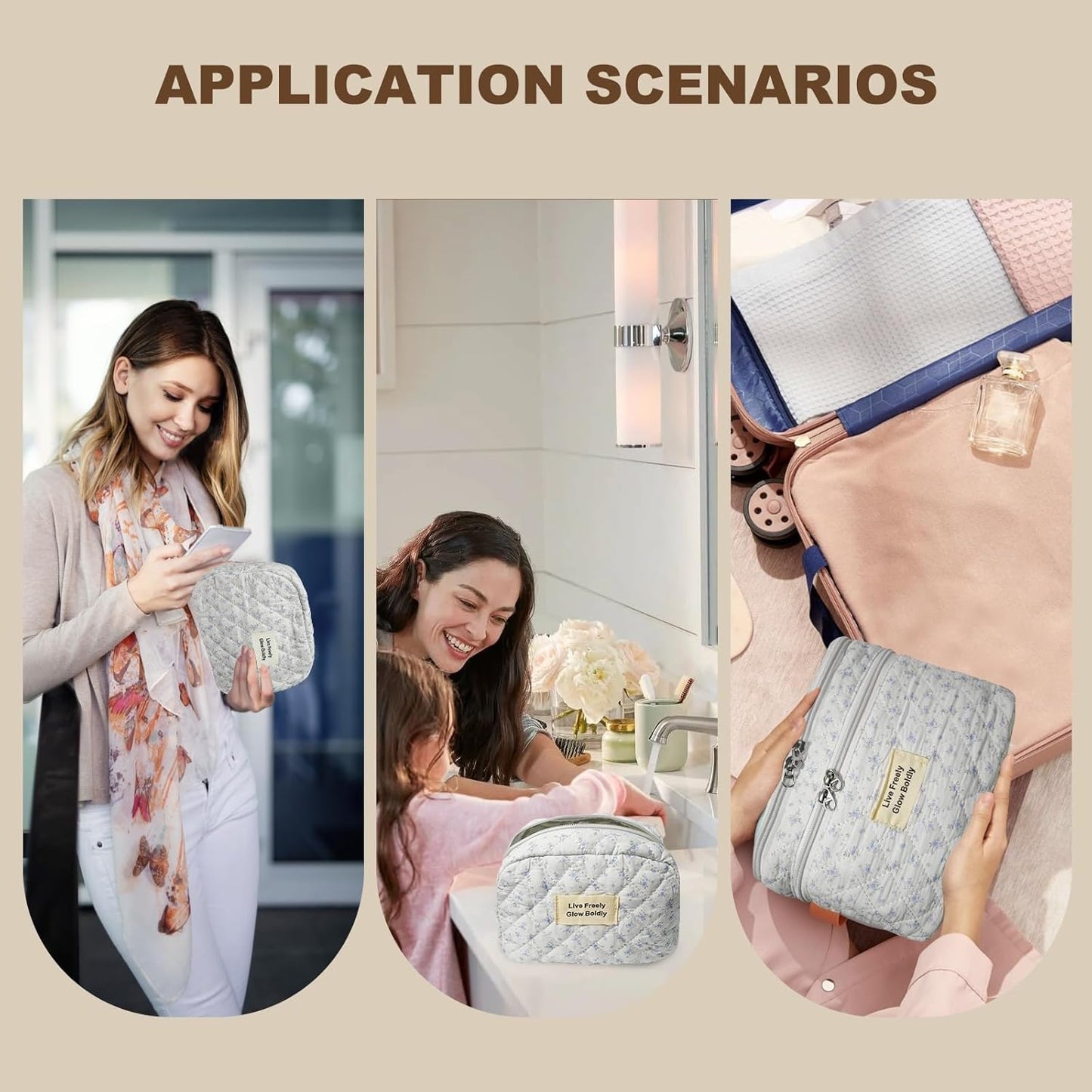 3Pcs Large Travel Quilted Makeup Bag, Double Layer Cute Floral Cotton Toiletry Bag, Aesthetic Flower Cosmetic Bag Coquette Skincare Organizer Bag for Women (77-BlueFloral)