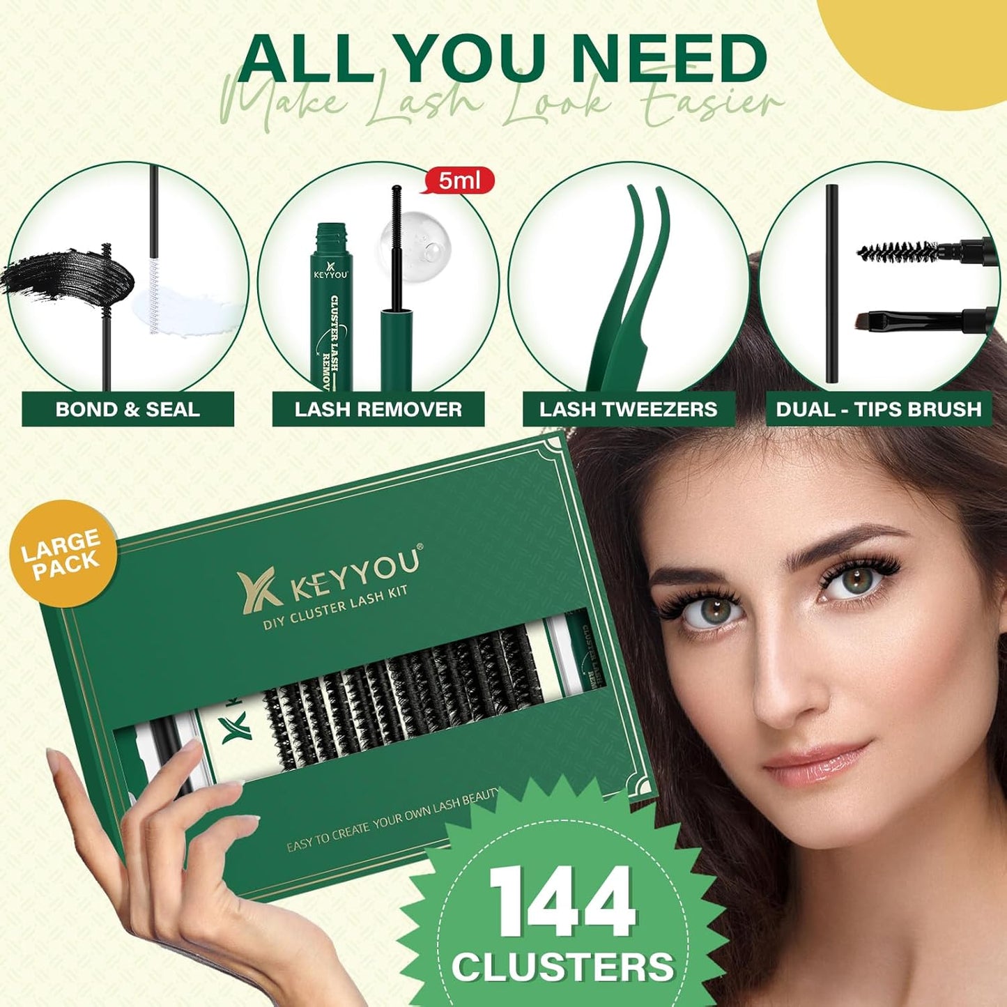 DIY Lash Extension Kit 144pcs 8-18MIX Lash Clusters with Super Hold Mascara Brush Bond and Seal Lash Remover Lash Applicators Lash Brush for KEYYOU DIY Lash Kit (Y10 Kit)