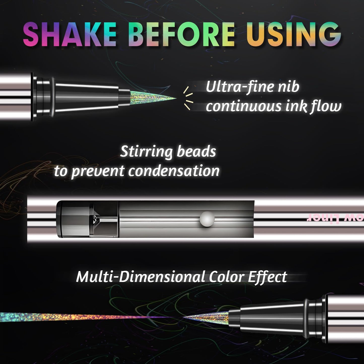 CHARMACY New Chameleon Liquid Eyeliner, Liquid Glitter Eyeliner, Highly Pigmented, Metallic MultiColor Shifting waterproof Eyeliner, Ultra-Fine Tip, Longwearing, Smudge-proof (A02 Mystic Mirage)