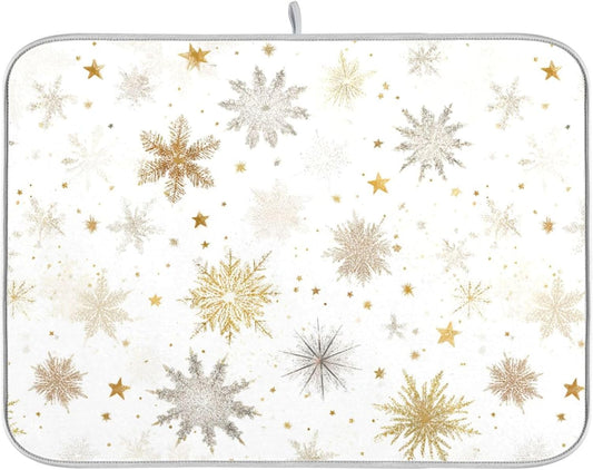 Winter Snowflake White Dish Drying Mat for Kitchen Countertop 18x24 Christmas Snow Golden Xmas Large Drying Mat Reusable Quick Dry Dish Sink Mats Easy Clean Decorative Essentials