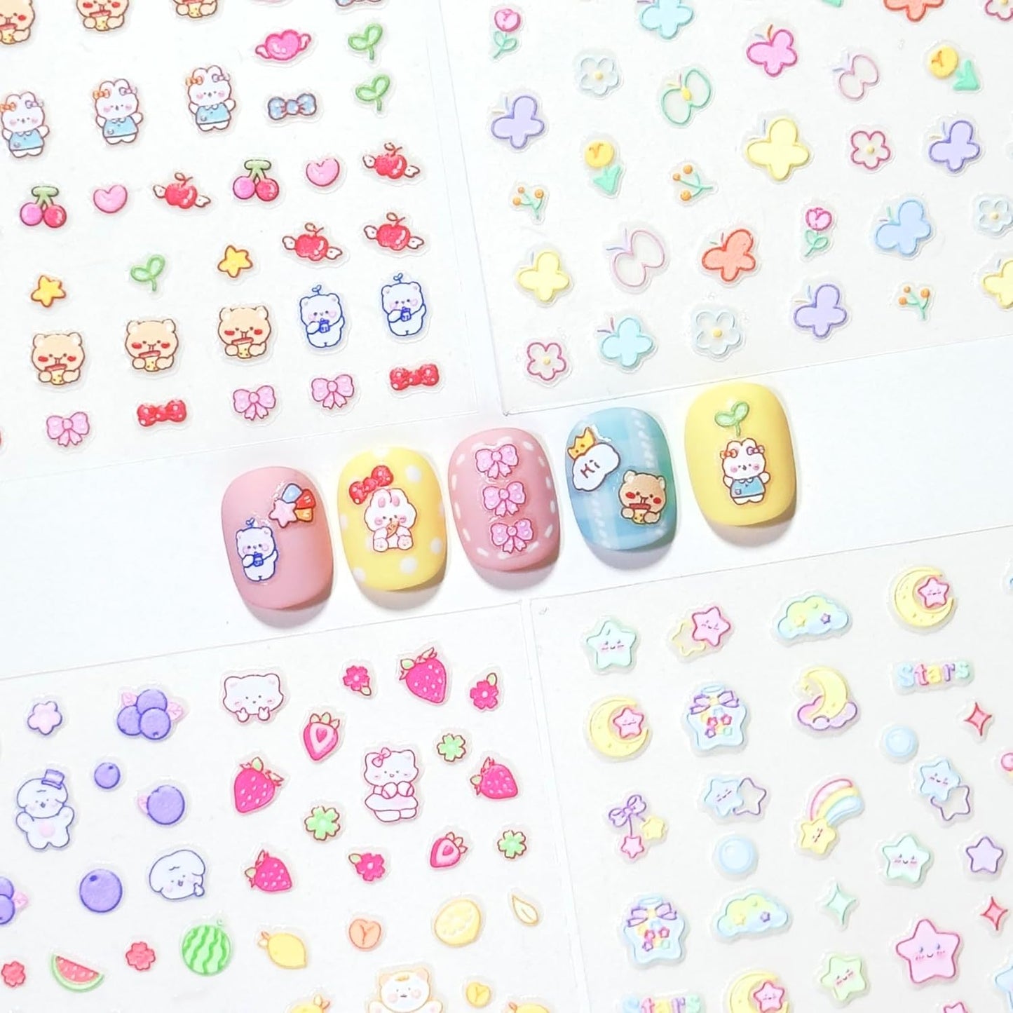 4 Sheets of 3D Nail Stickers - 289 Cute Nail Decals - Embossed Nail Stickers for Kids | Kawaii Theme - Butterfly, Flowers, Stars, Fruits, Bunny, Bears | Glow in The Dark