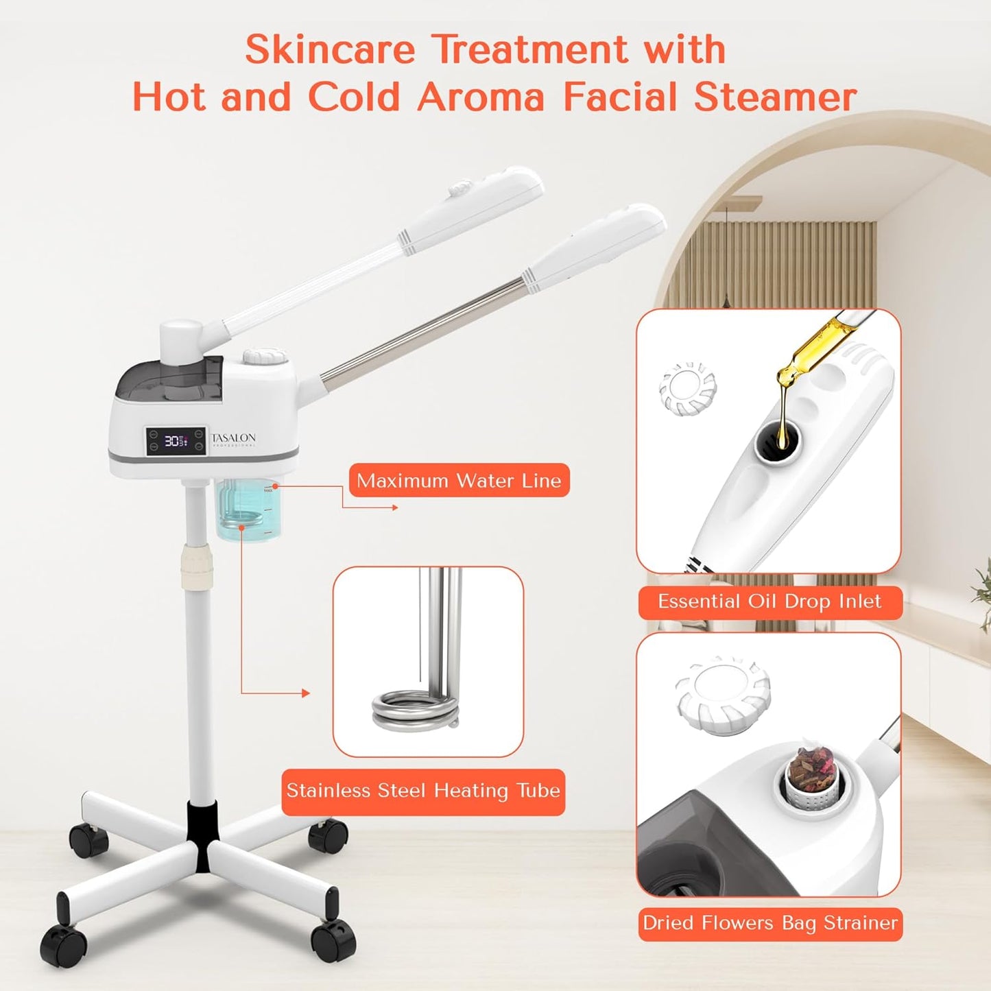 TASALON 2 in 1 Professional Facial Steamer on Wheels -with Ozone and Hot & Cold Mist, Ionic Facial Steamer Kit for Facial Deep Cleaning and Moisturize, SPA & Home, Ozone Face Humidifier (White)
